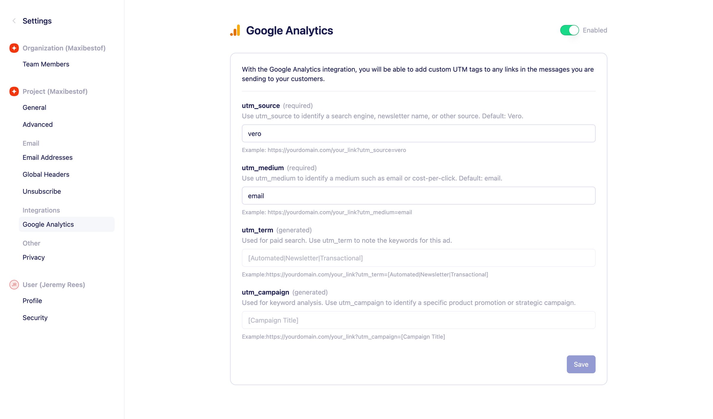 Vero - Google Analytics | Vero screen