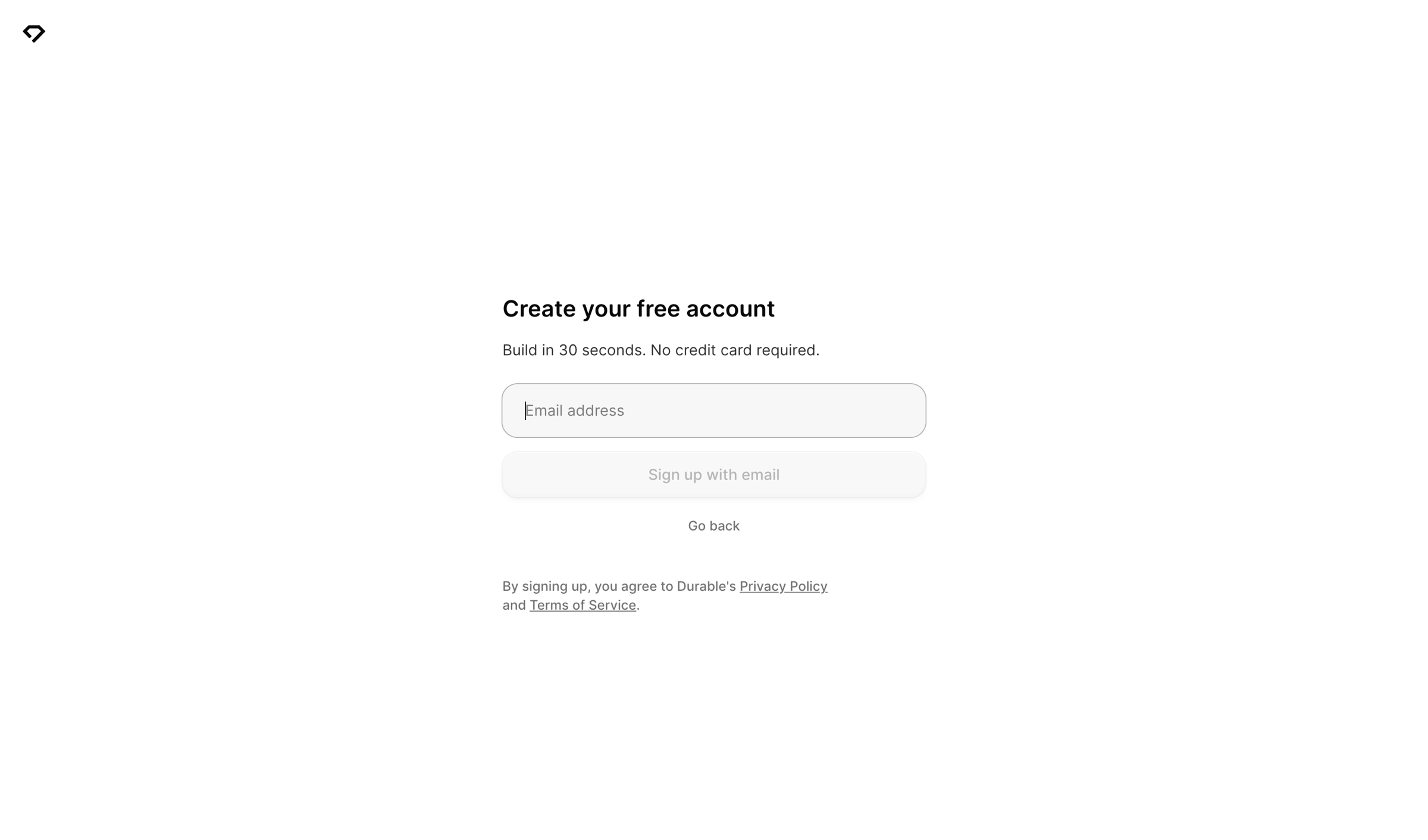 Durable - Durable Sign Up - Launch your site today screen