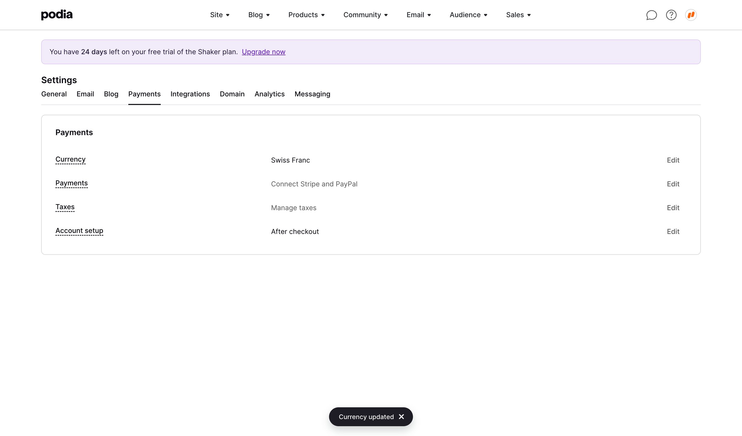 Podia - Podia Payment settings screen