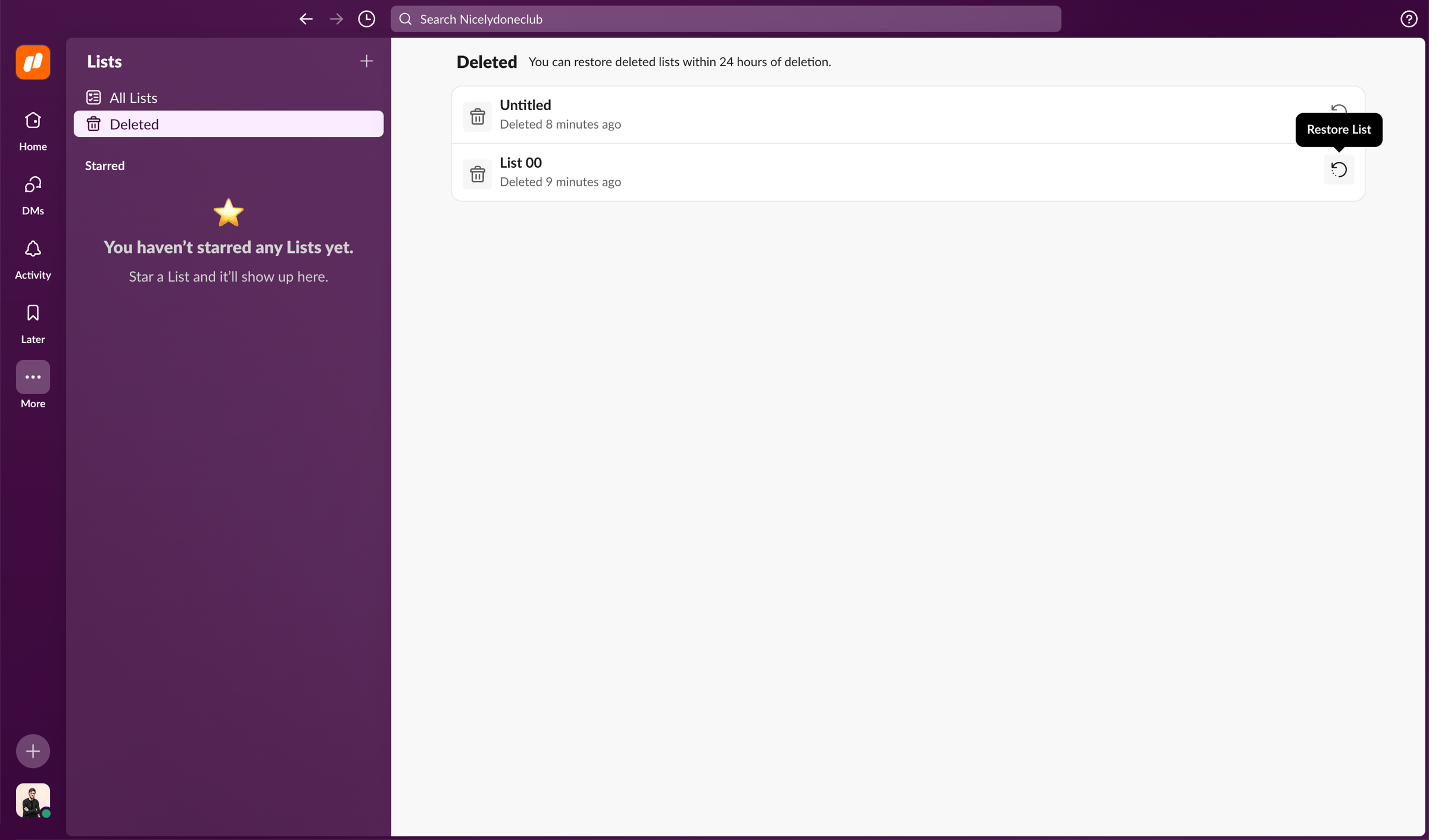 Slack - Lists - Nicelydoneclub - Slack screen