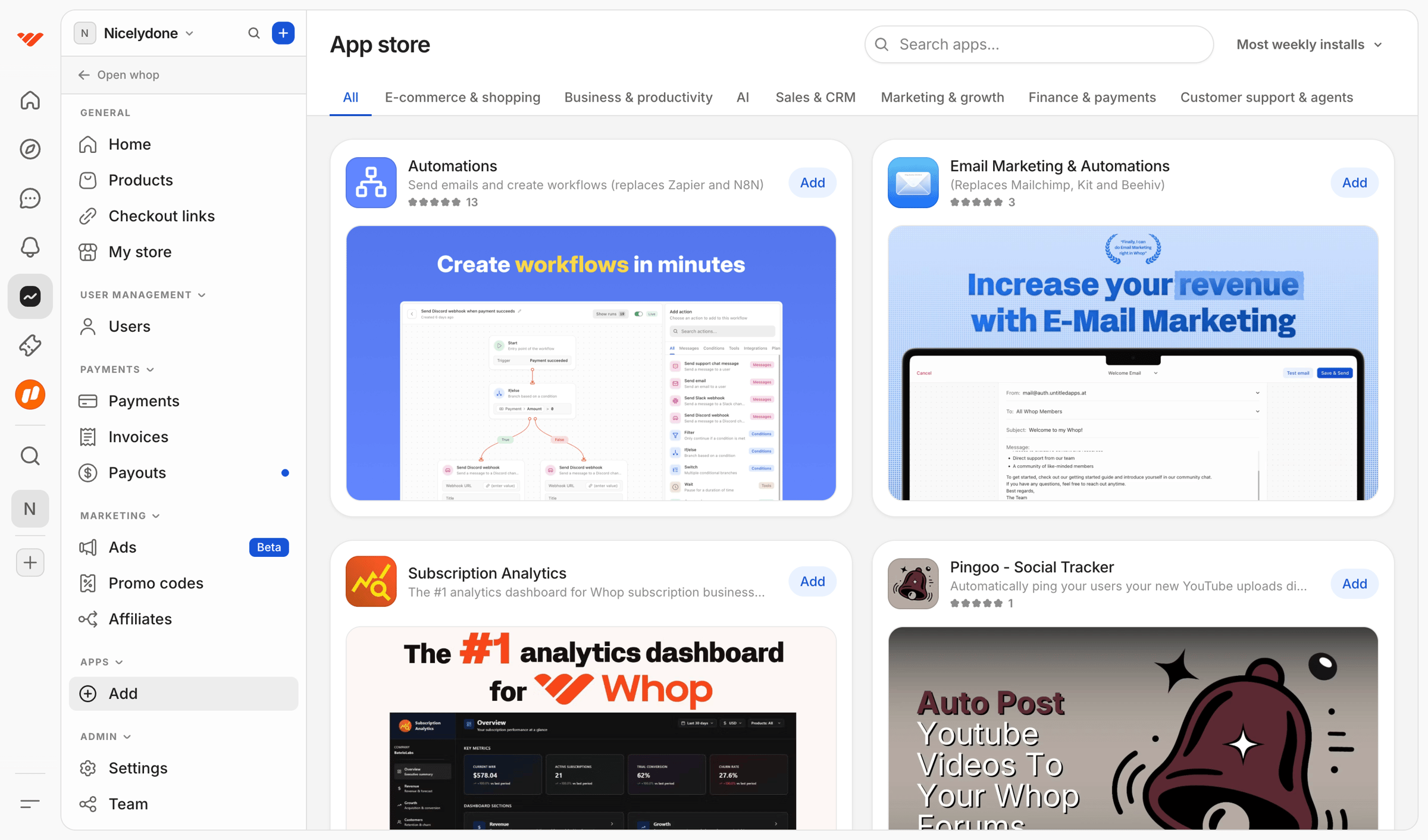 Whop - Dashboard | Whop screen