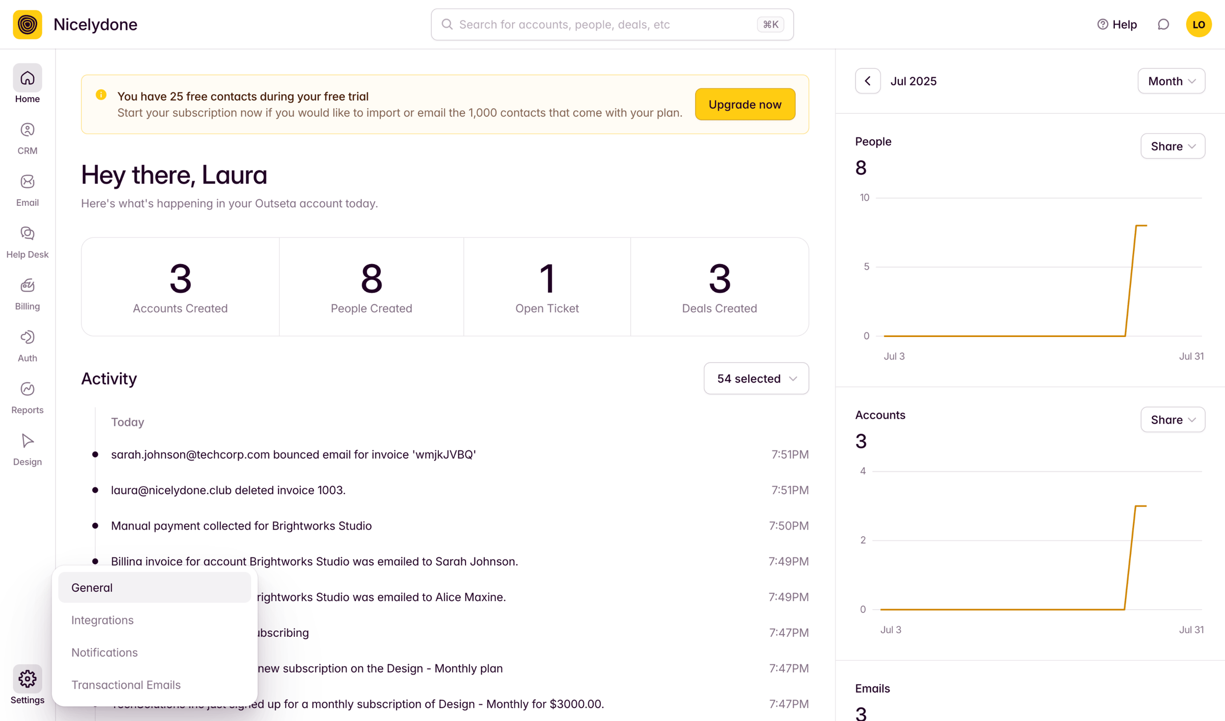 Outseta - Dashboard screen