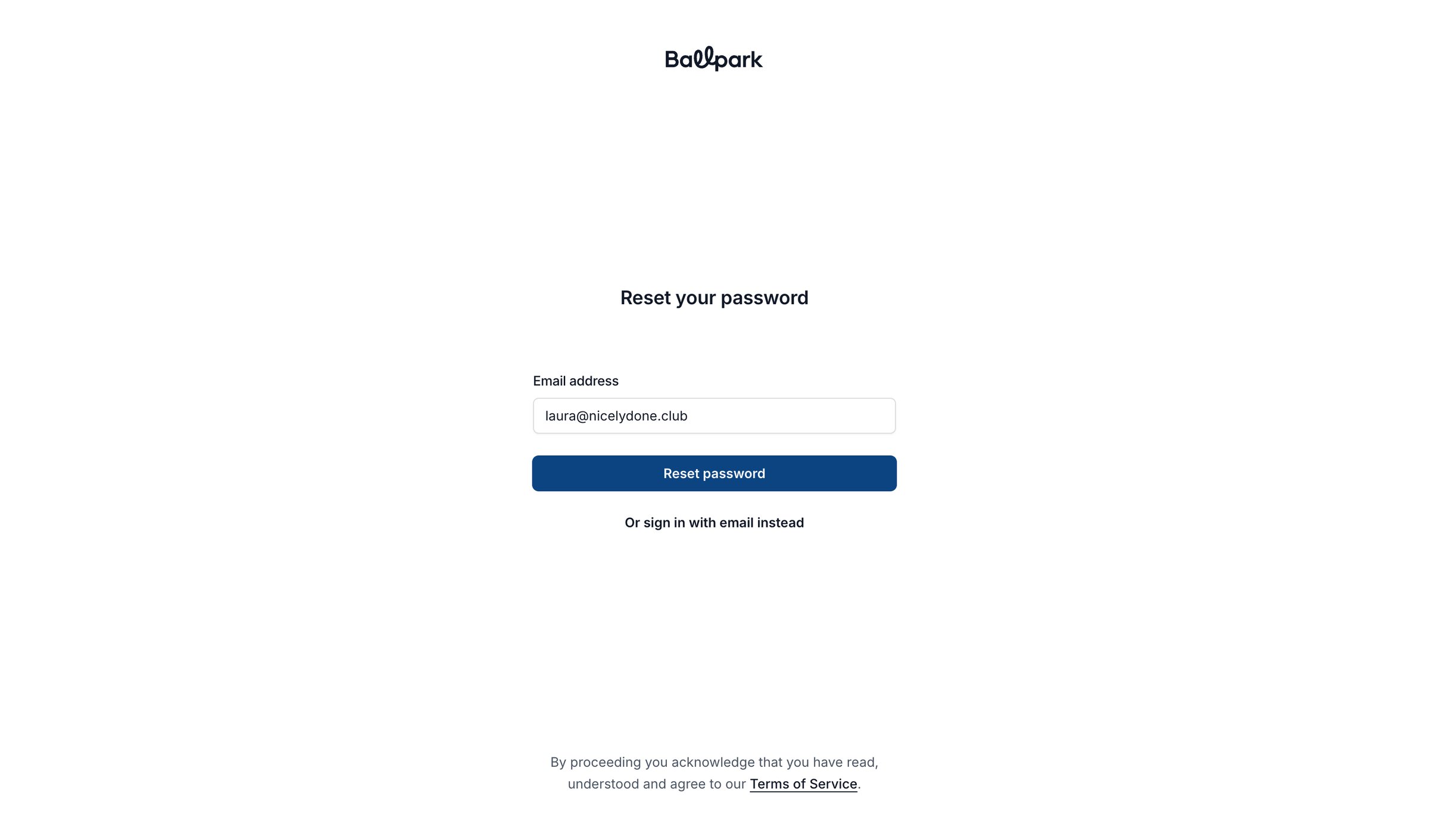 Ballpark - Reset your password | Ballpark screen
