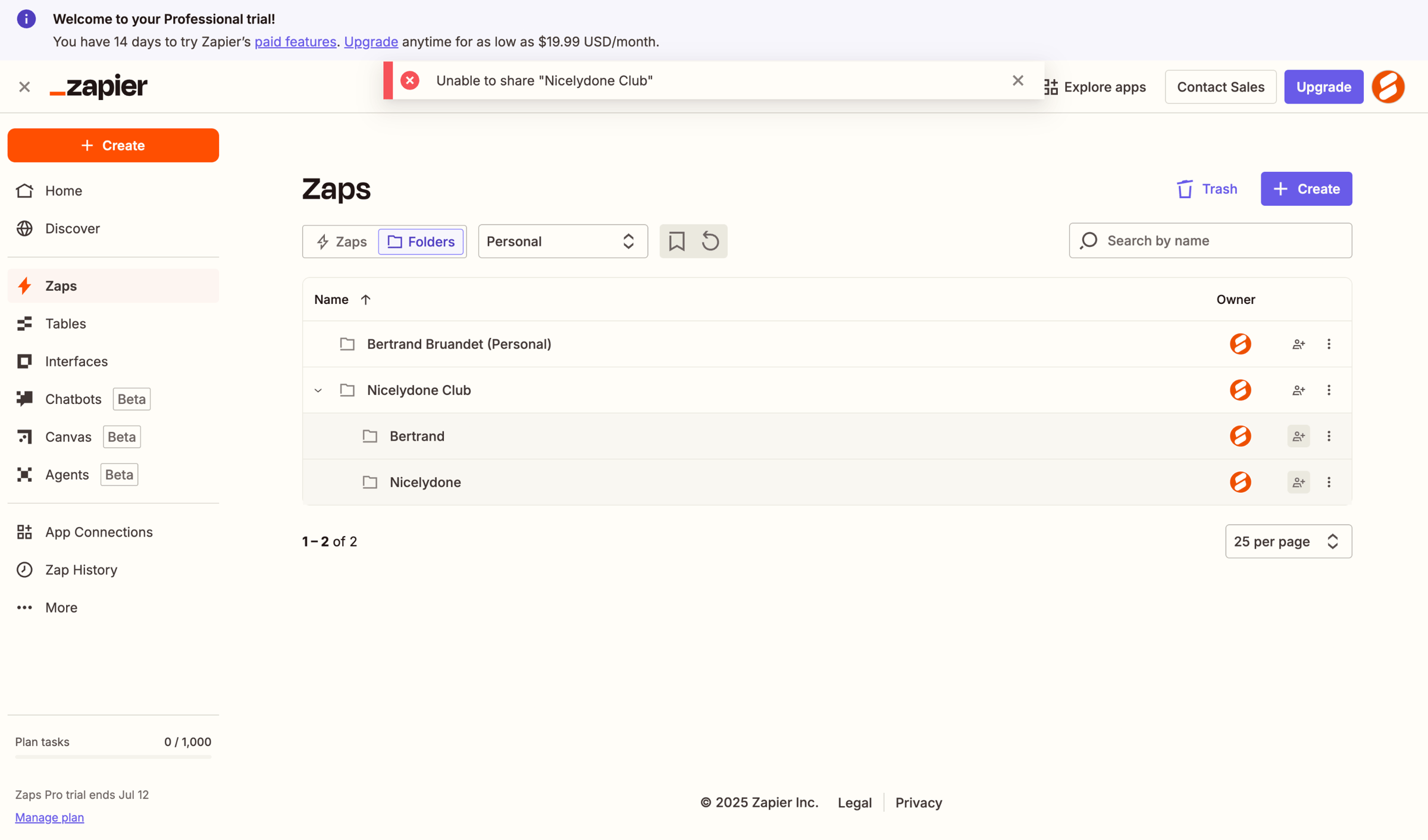 Zapier - Folders | Zapier screen