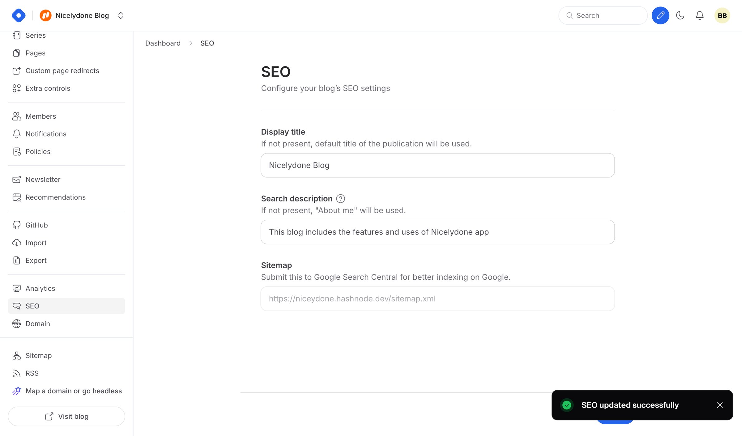 Hashnode - Dashboard - SEO screen
