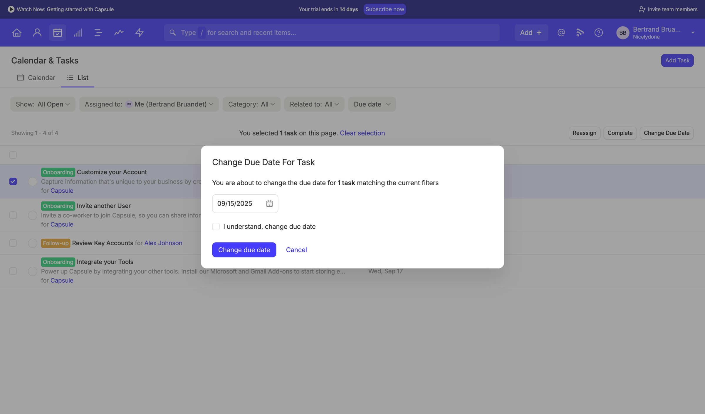 Capsule - Tasks | Nicelydone CRM screen
