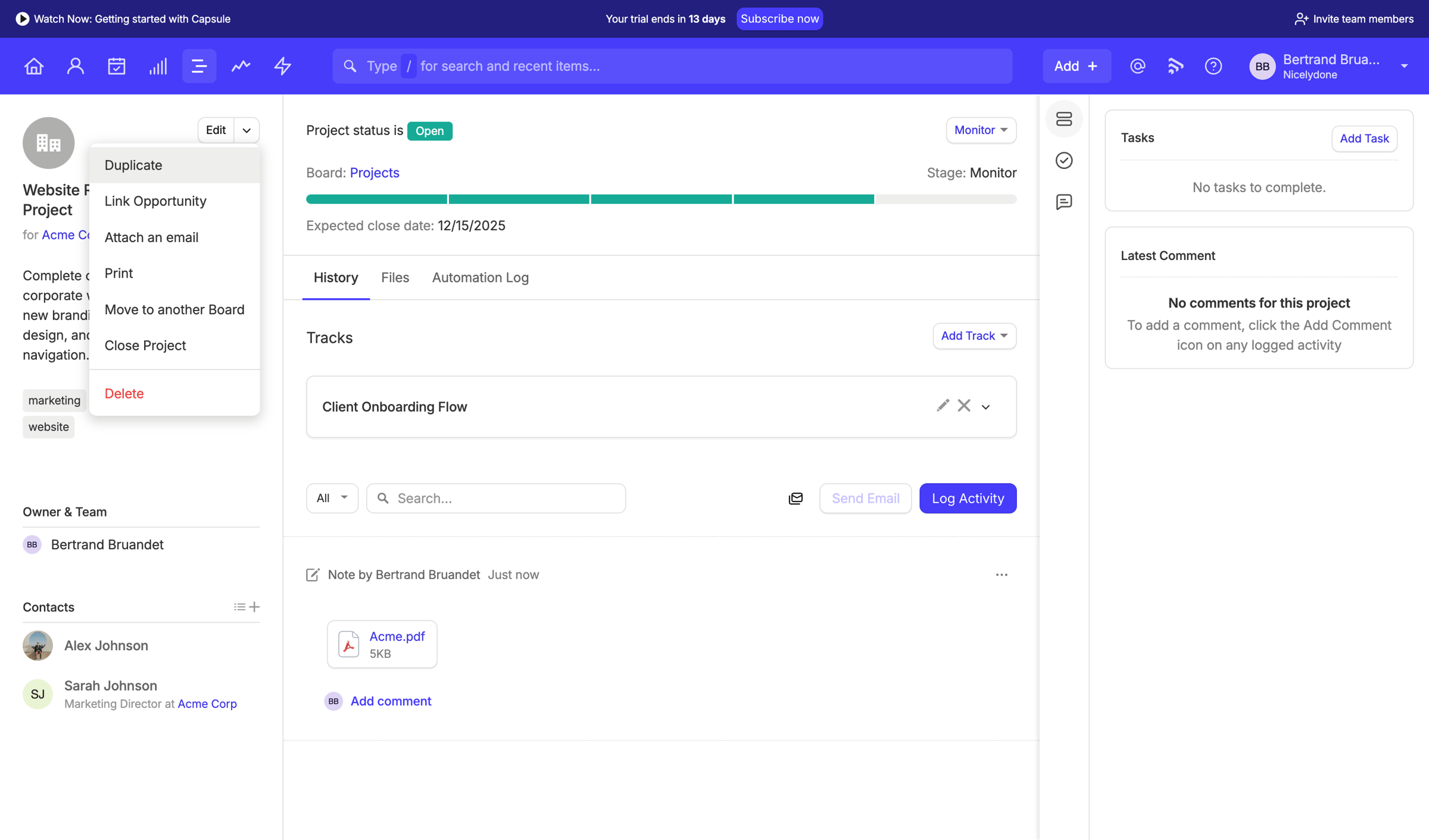 Capsule - Website Redesign Project | Nicelydone CRM screen