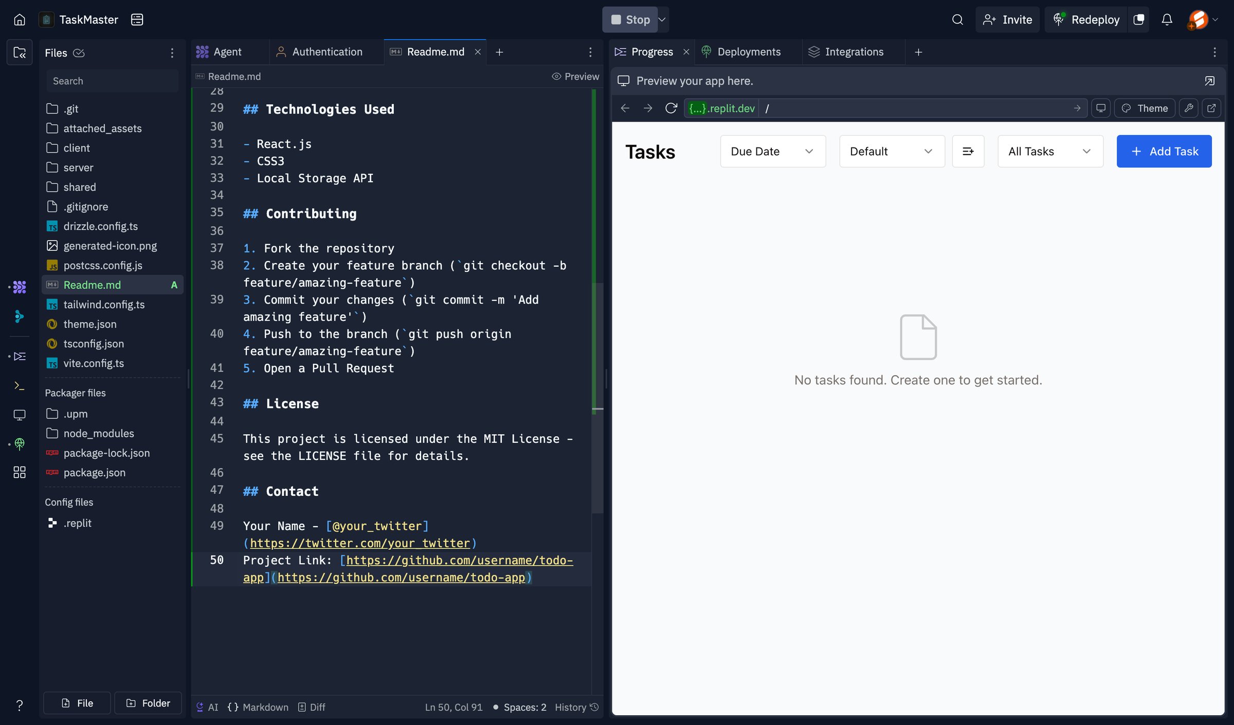 Replit - Readme.md - TaskMaster - Replit screen