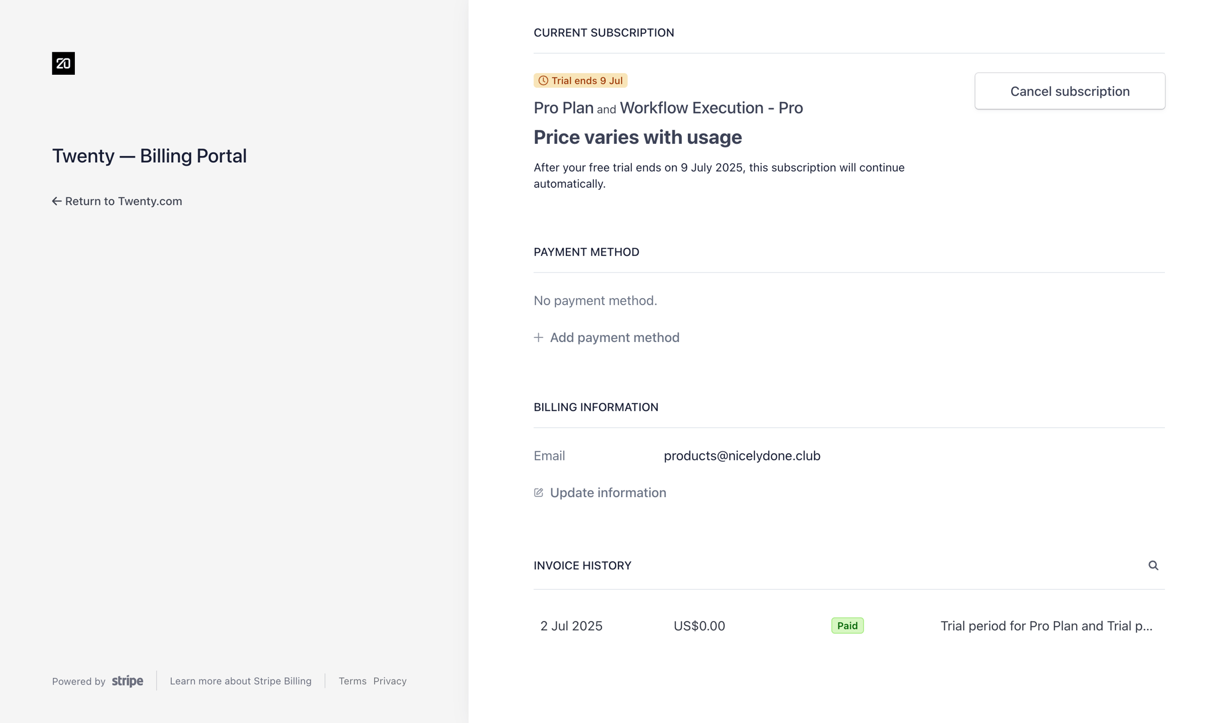 Twenty - Twenty.com Billing screen