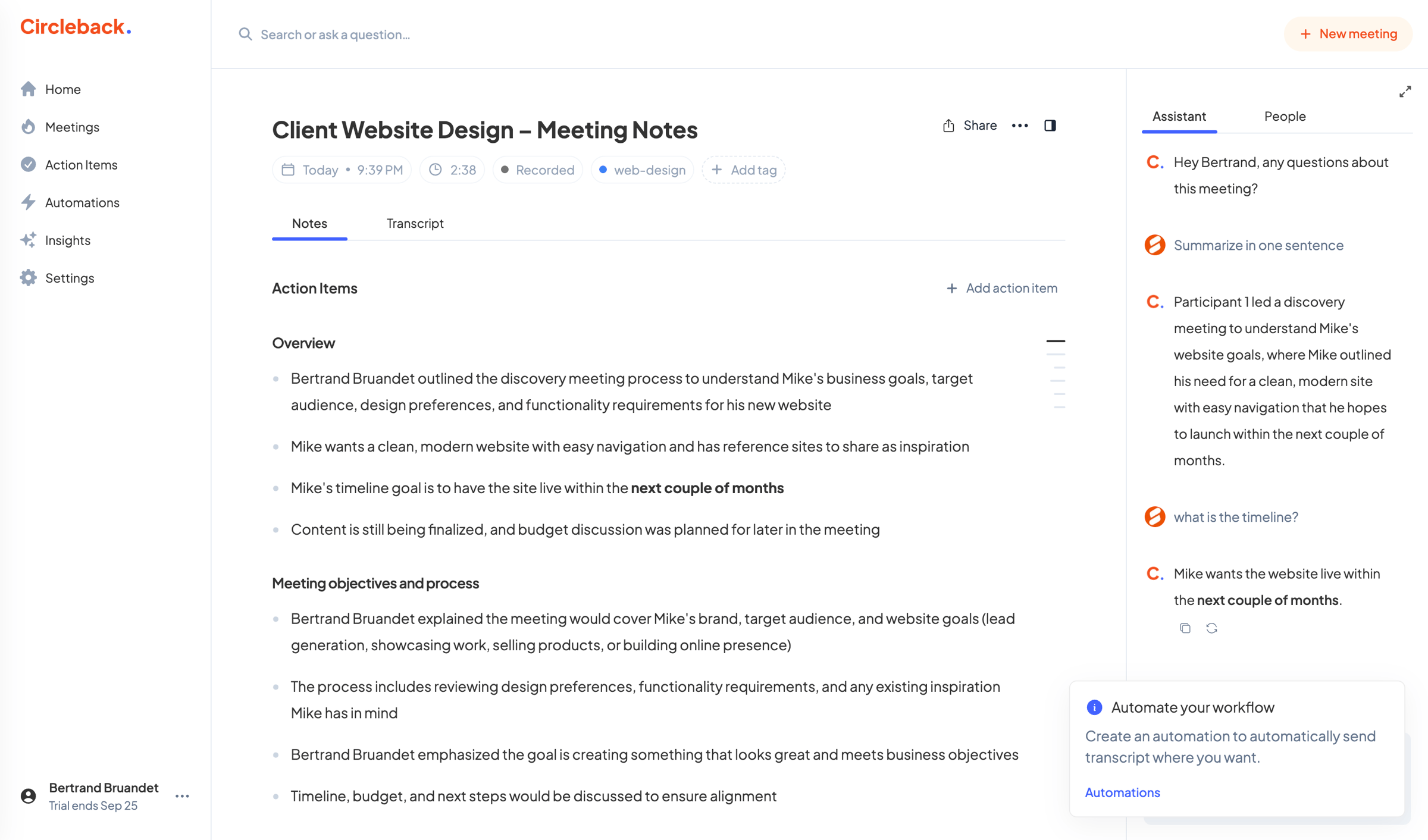 Circleback - Client Website Design – Meeting Notes - Circleback screen