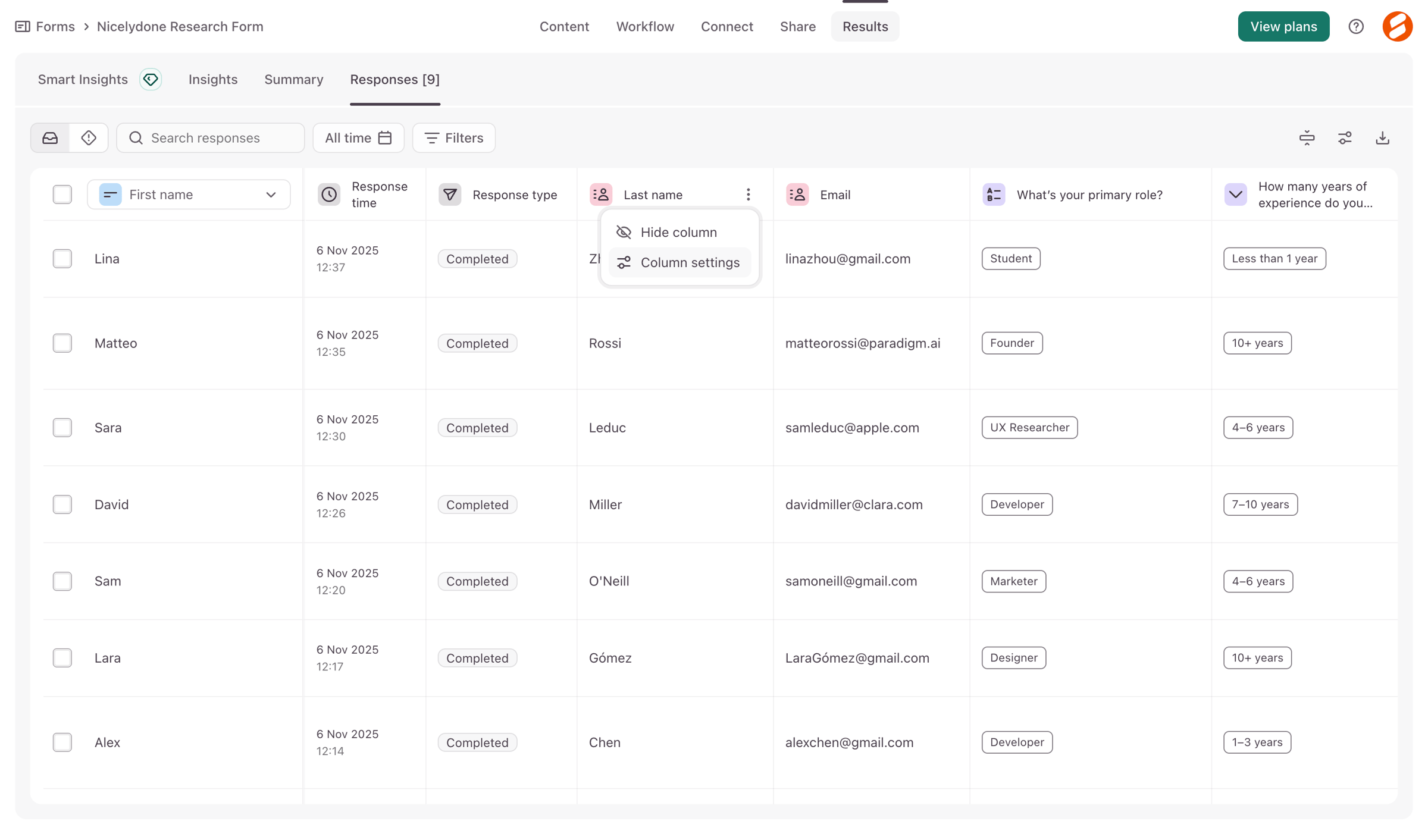 Typeform - Typeform - Results Table screen