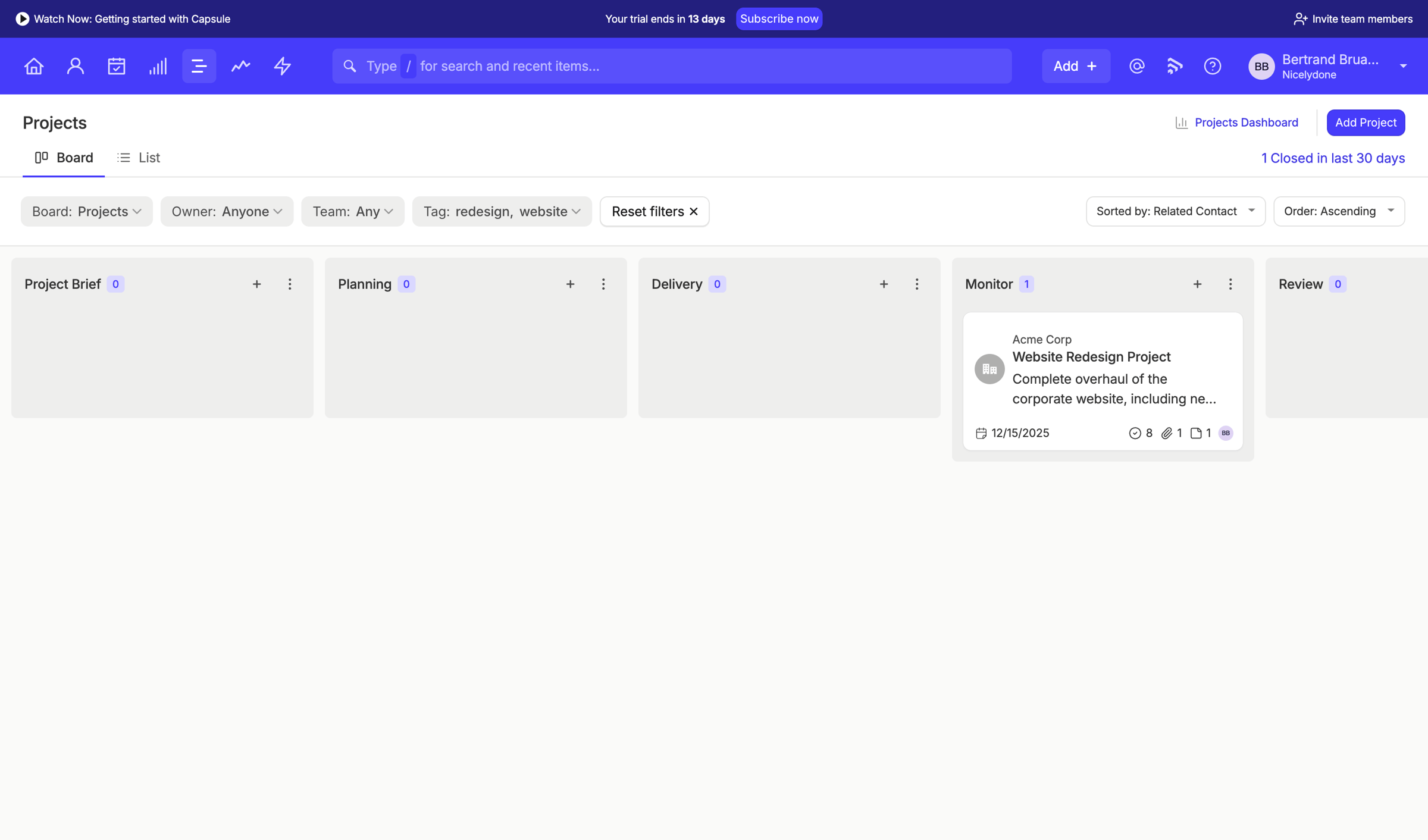 Capsule - Projects Board | Nicelydone CRM screen