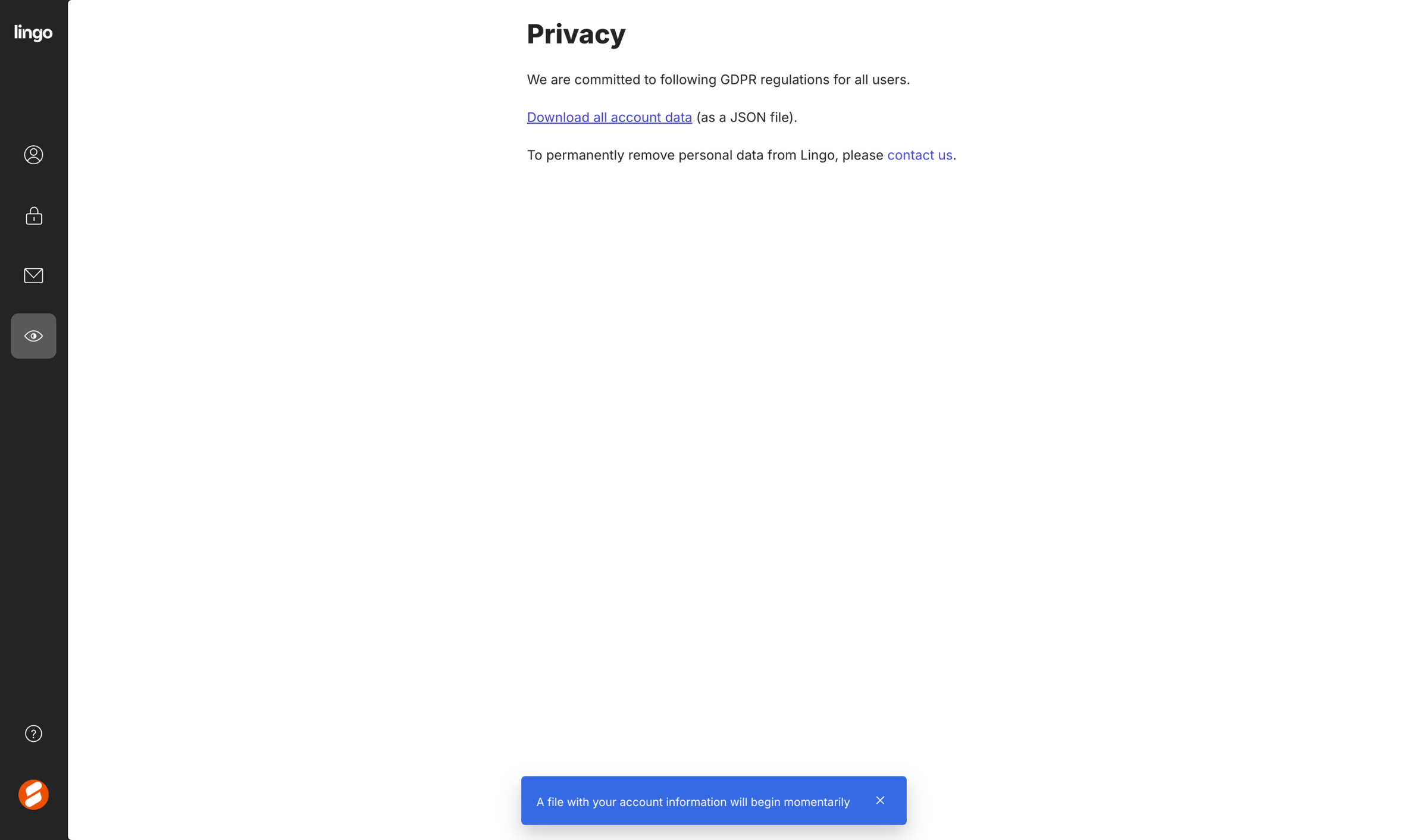 Lingo - Account settings screen