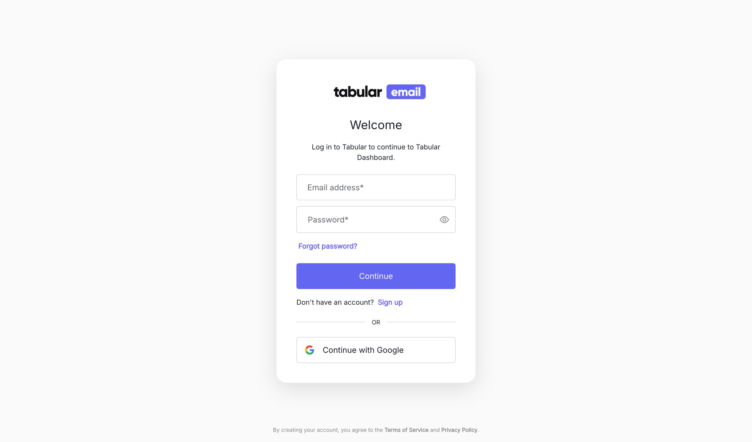 Tabular - Log in | Tabular Dashboard screen