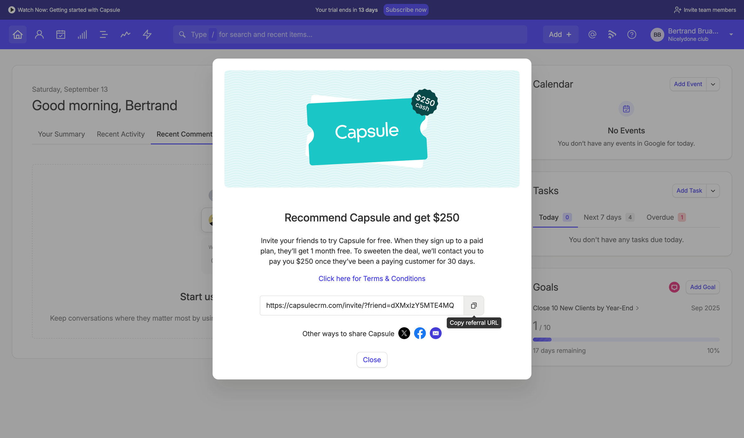 Capsule - Recent Comments | Nicelydone club CRM screen