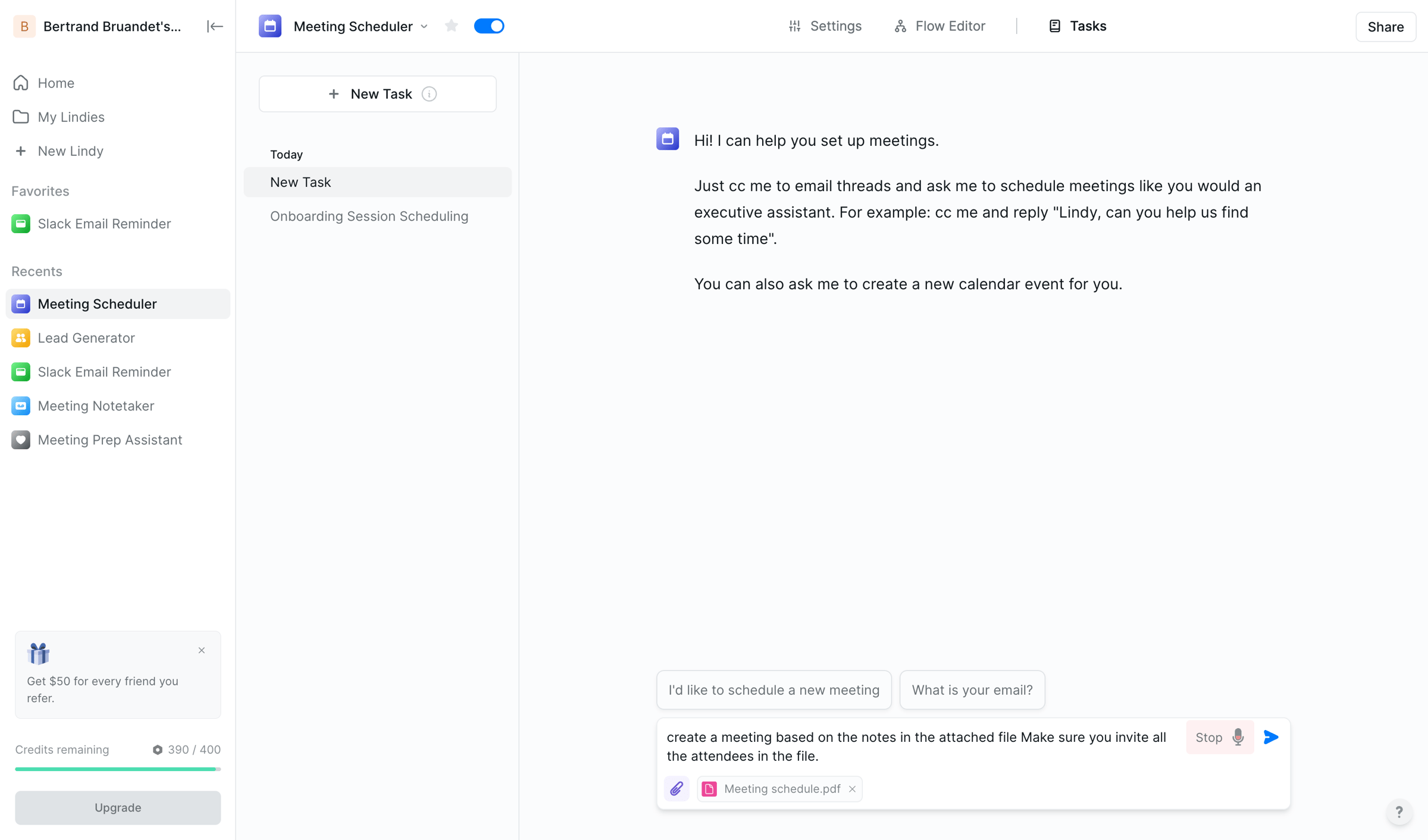 Lindy - Meeting Scheduler - New Task screen