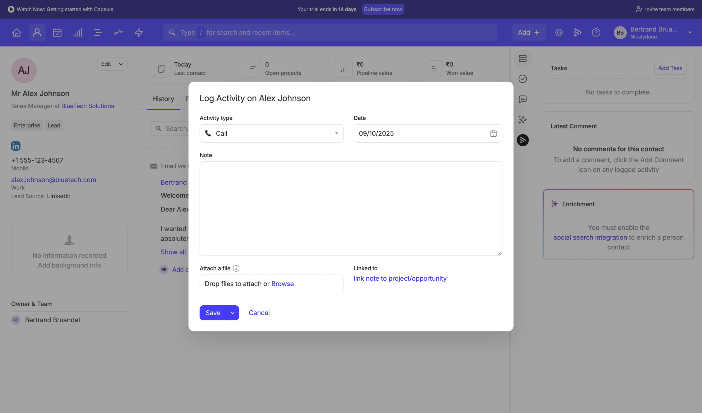 Capsule - Alex Johnson | Nicelydone CRM screen