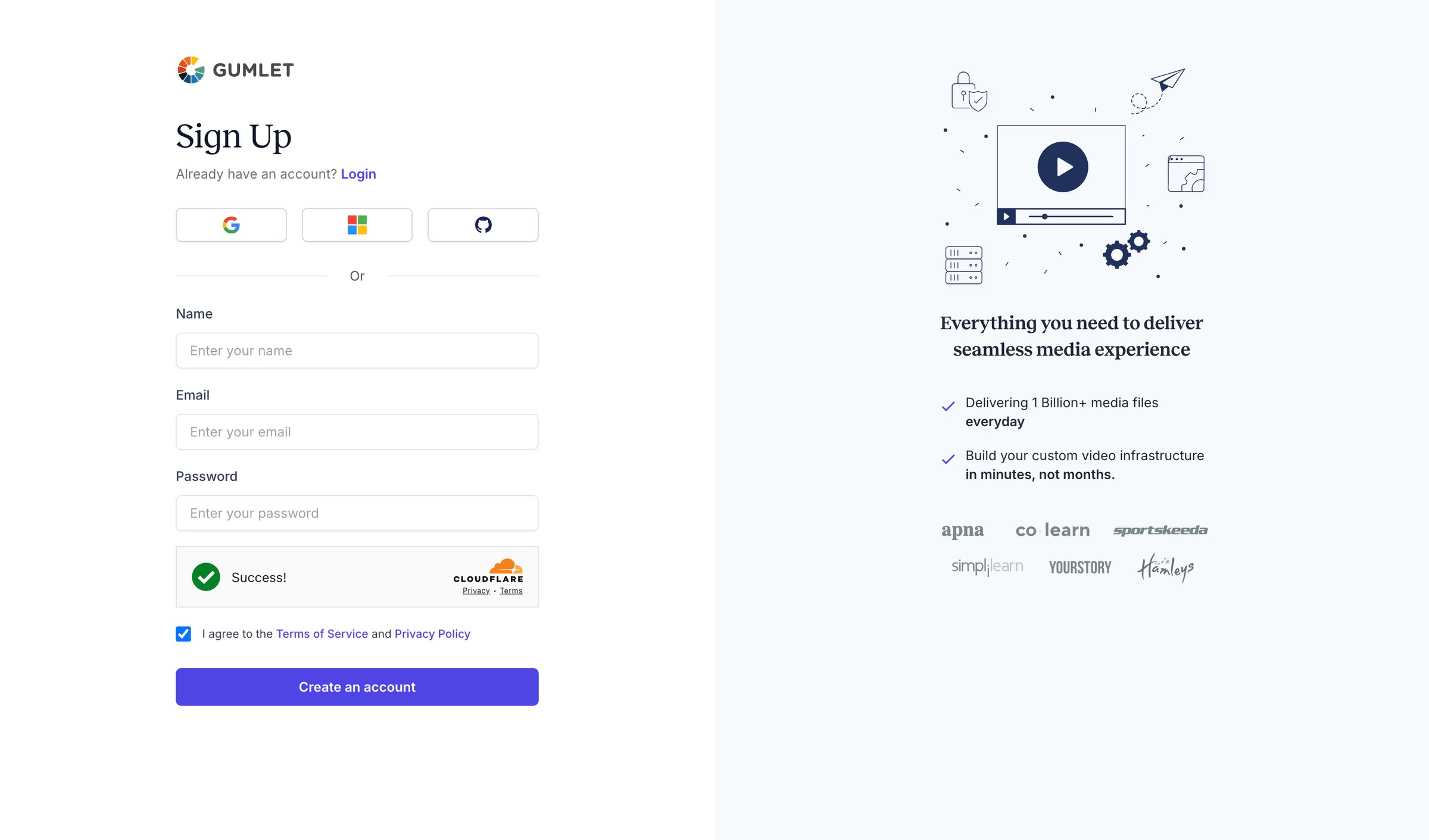 Gumlet - Create Account - Gumlet screen