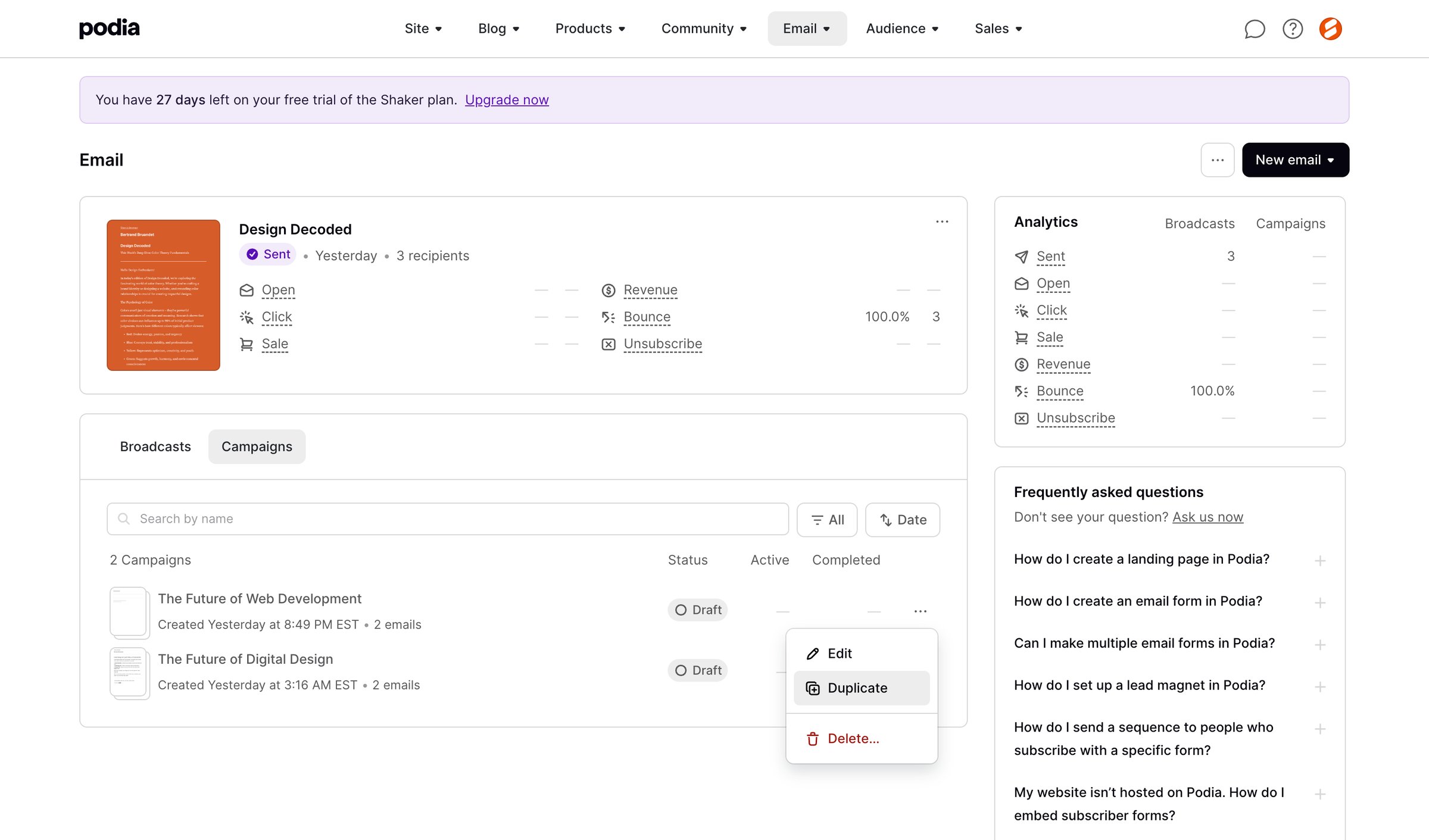 Podia - Podia Email screen