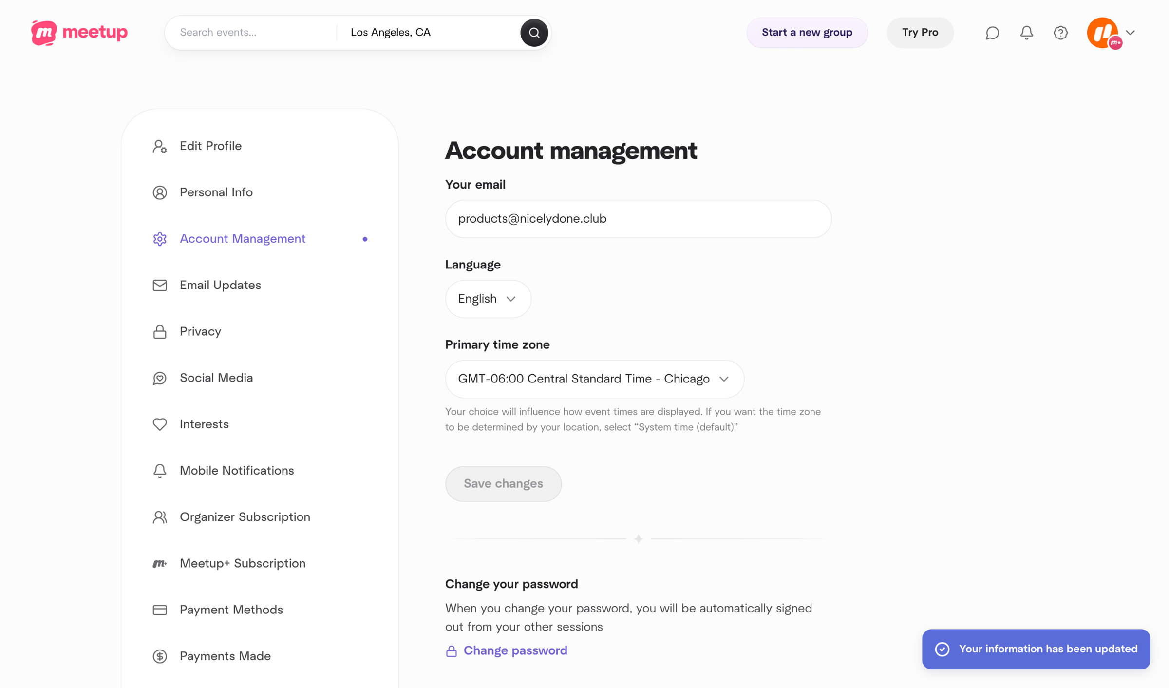 Meetup - Account management screen