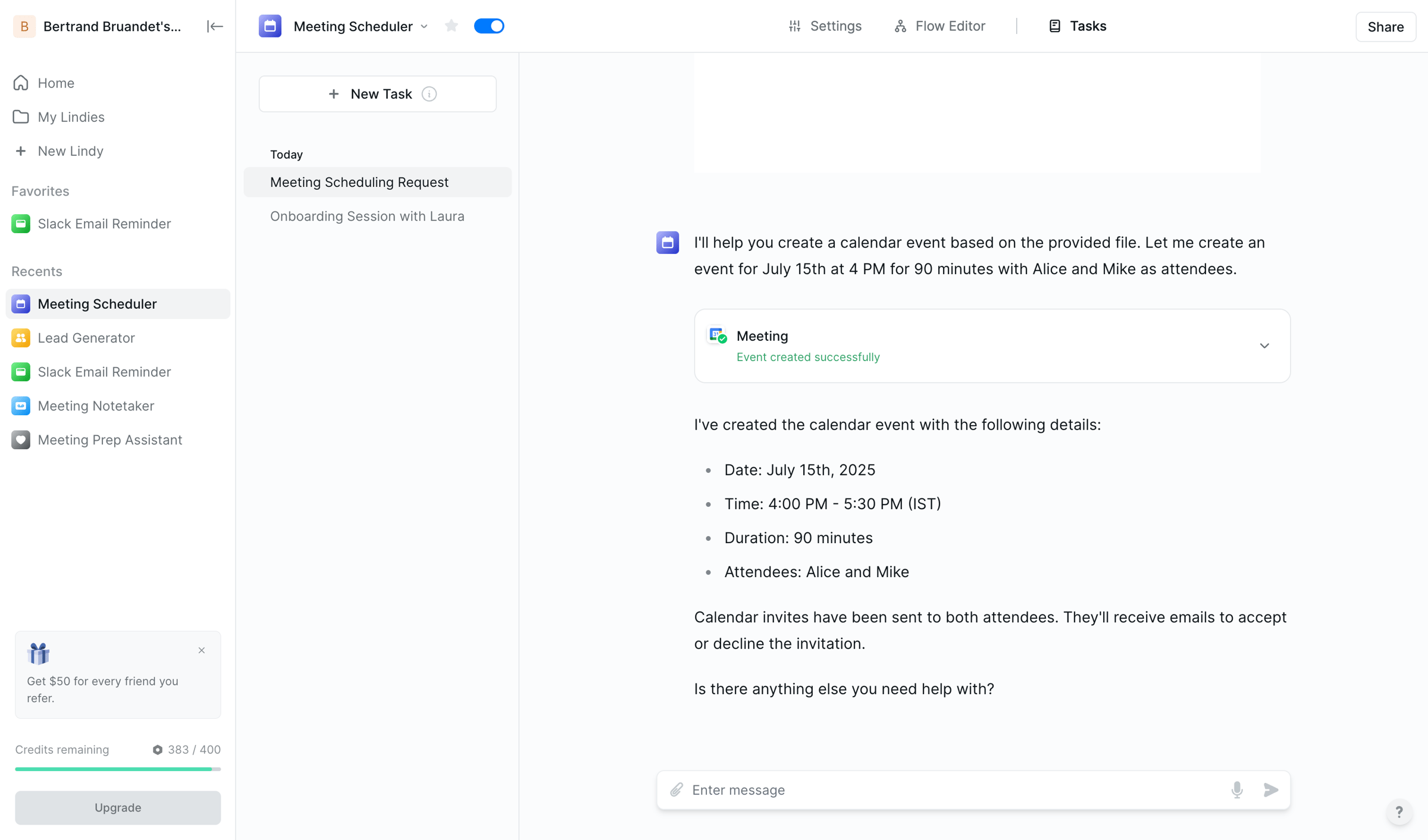 Lindy - Meeting Scheduling Request - Lindy screen