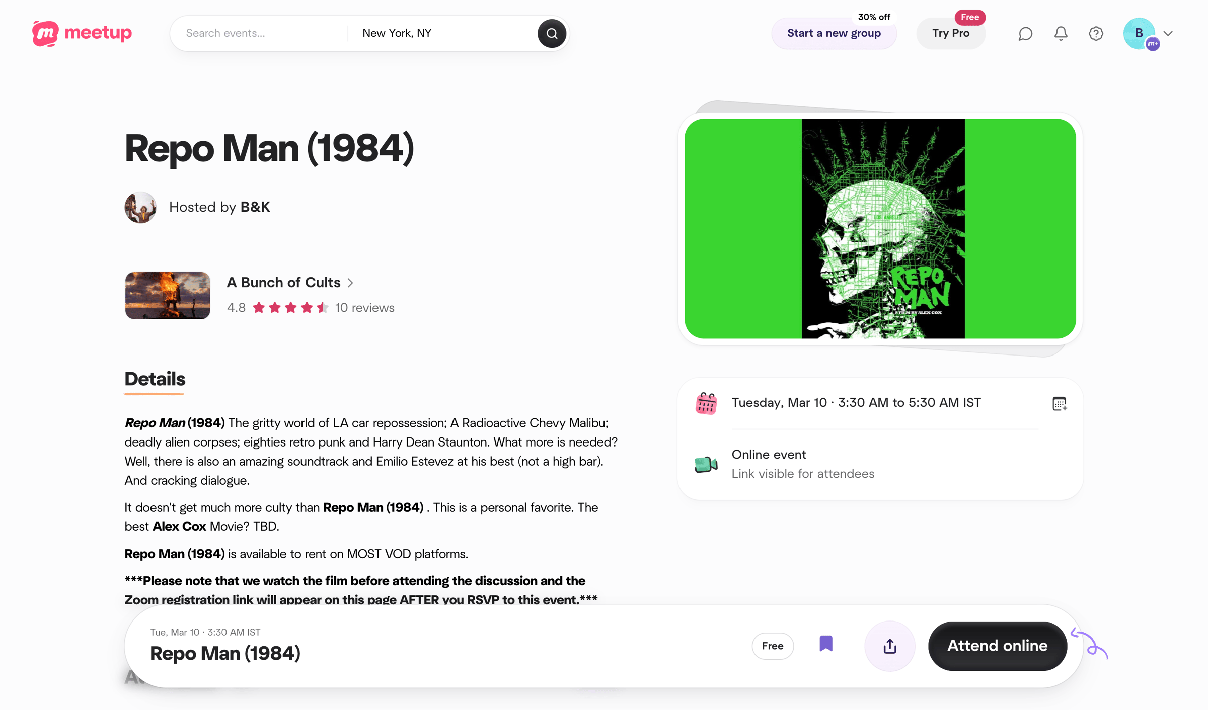 Meetup - Repo Man (1984), Mon, Mar 9, 2026, 6:00 PM | Meetup screen