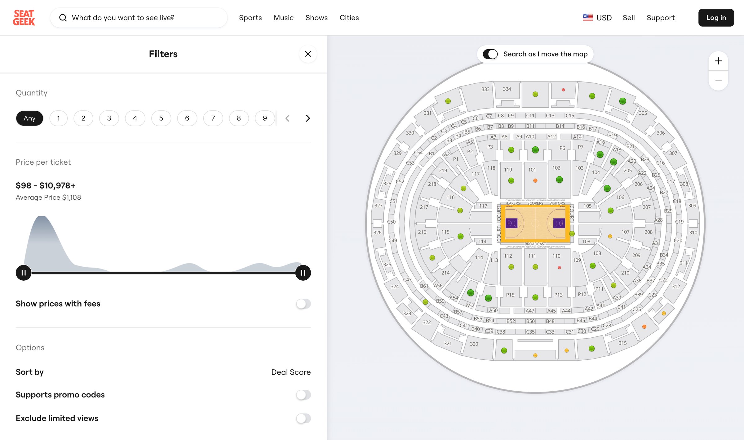 SeatGeek - Preseason Bucks at Lakers Tickets in Los Angeles Crypto.com Arena screen