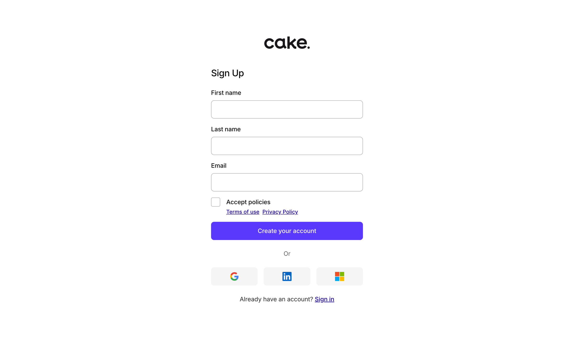 Cake - Sign up | Cake Equity screen