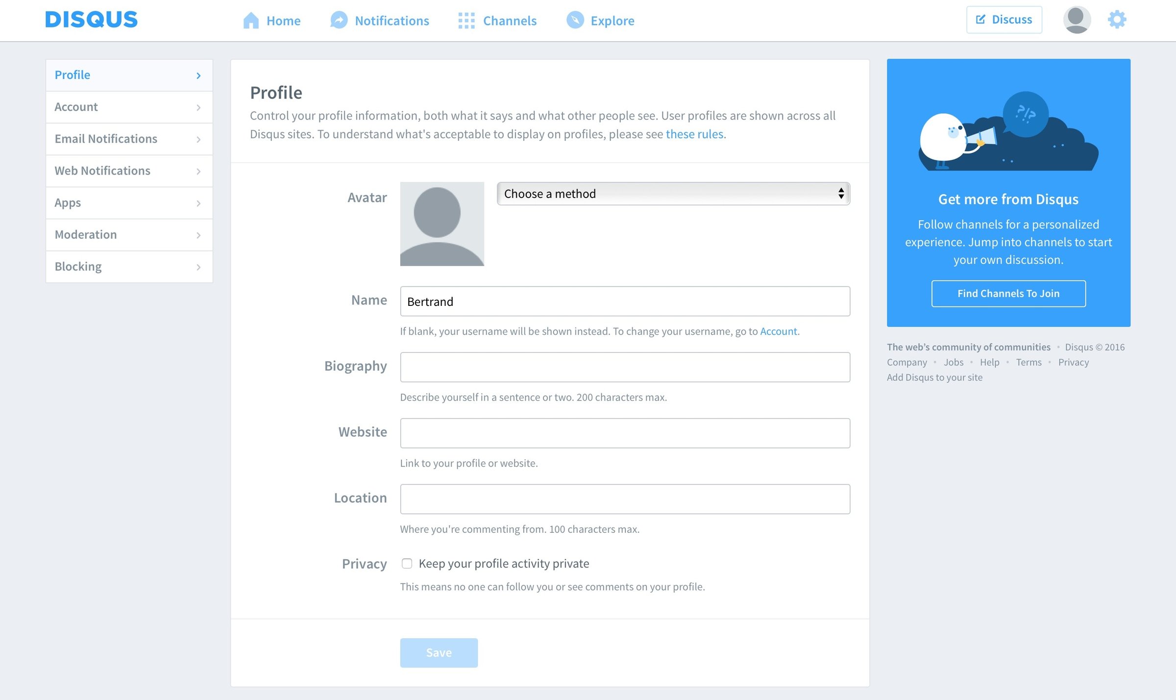 Disqus - Settings screen
