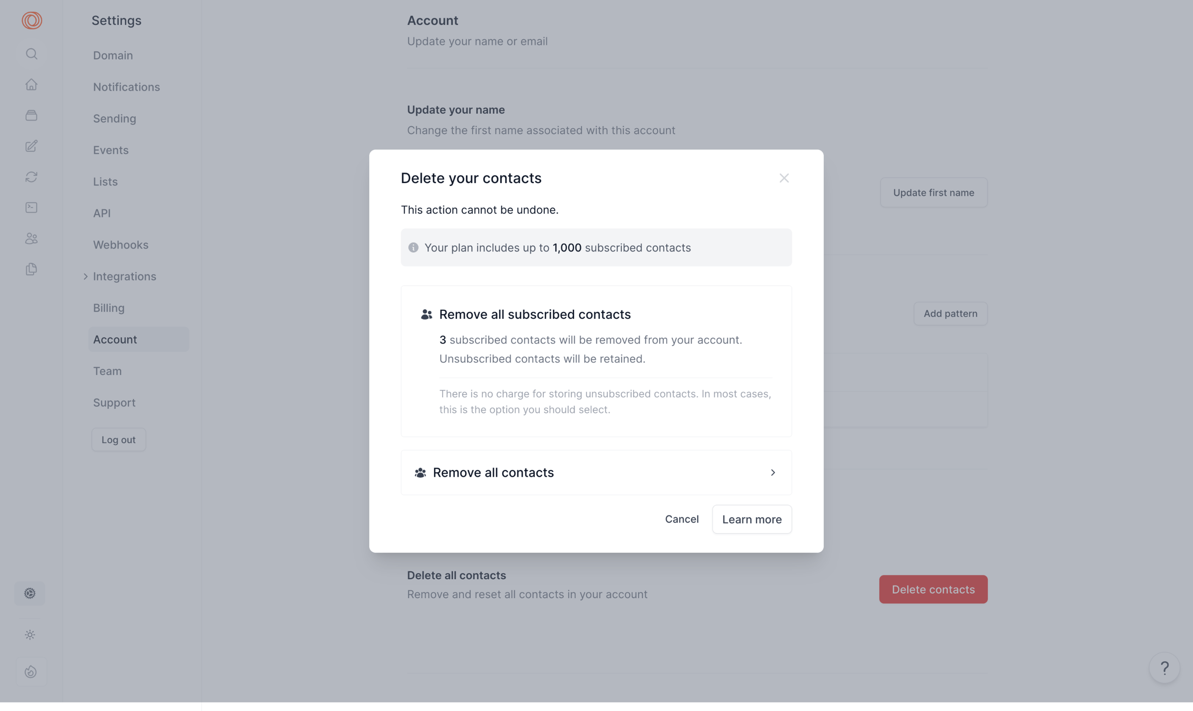 Loops - Settings | Account screen