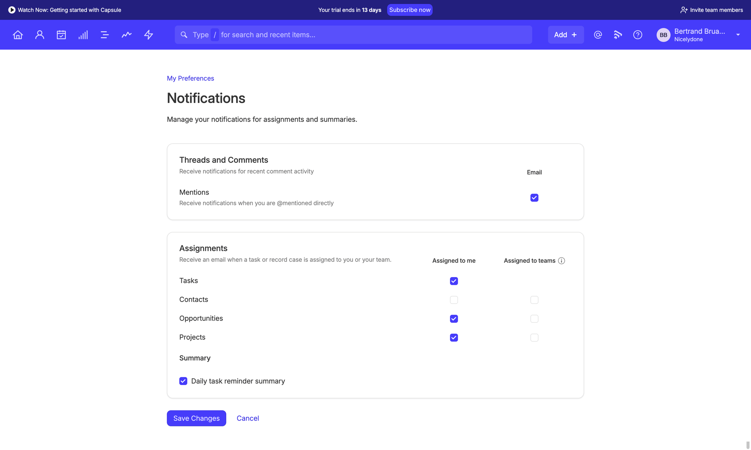 Capsule - Notifications | Nicelydone CRM screen