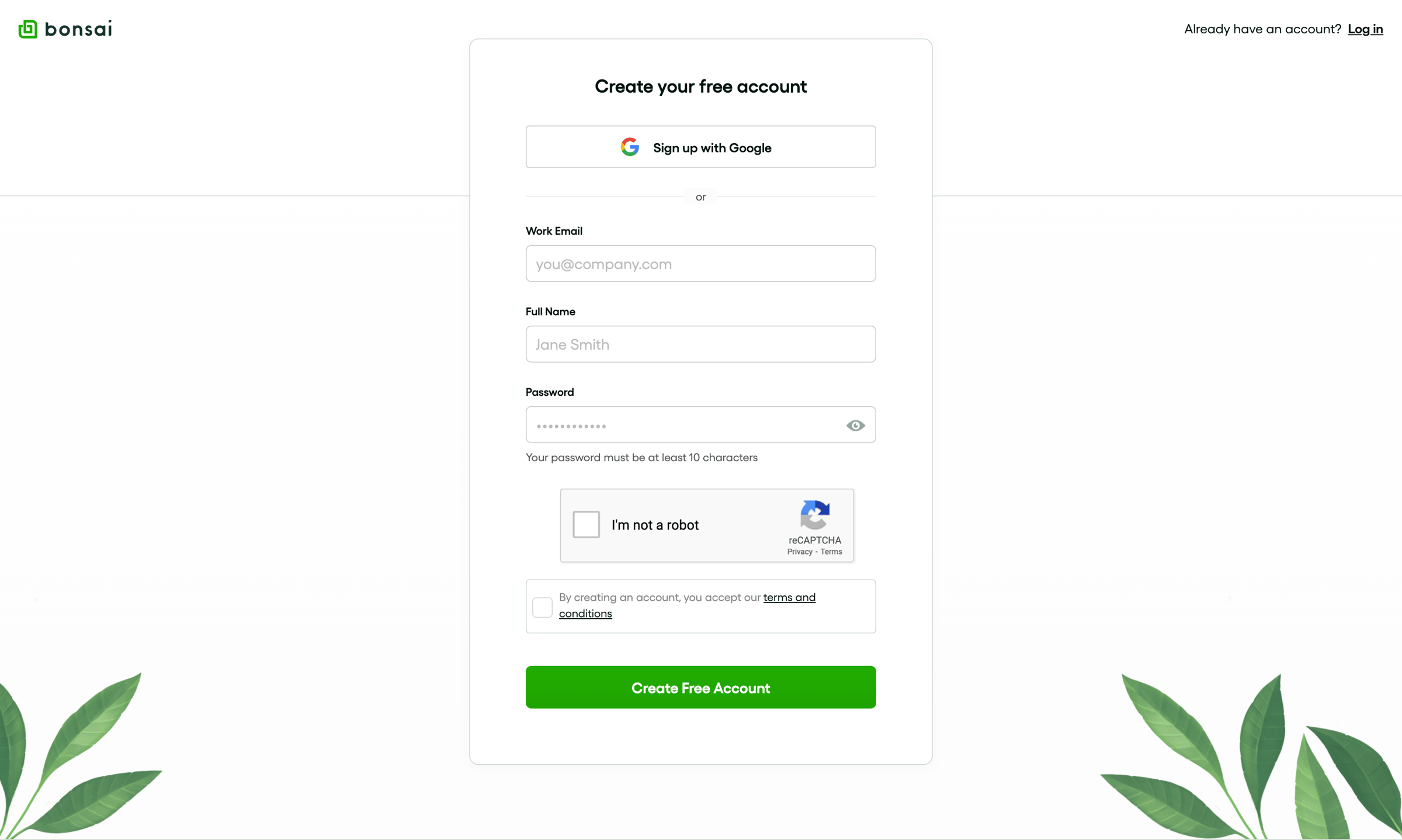 Bonsai - Sign Up - Bonsai screen