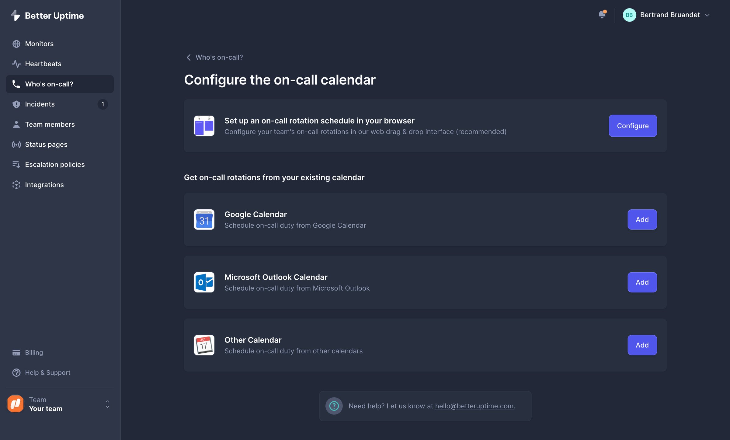 Better Stack - On-call calendar | Better Uptime screen