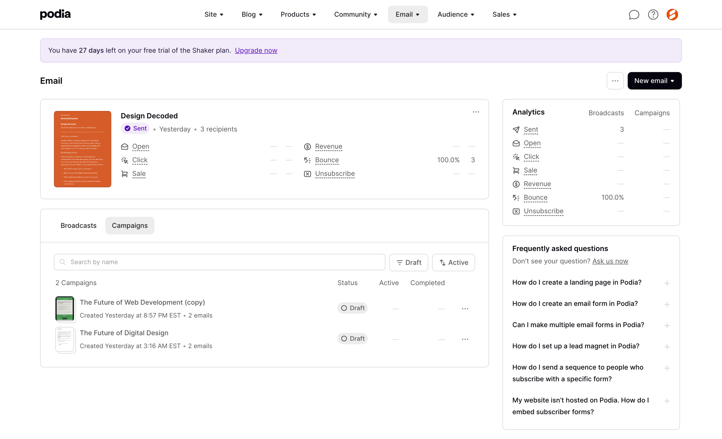 Podia - Podia Email screen