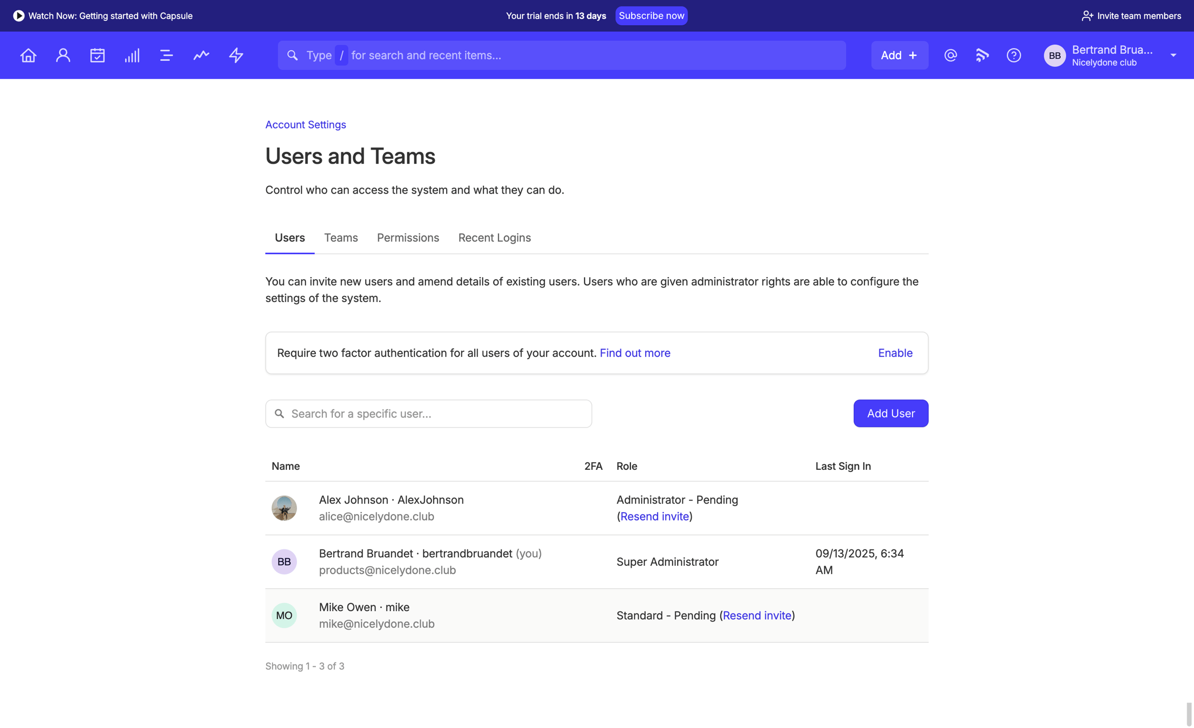 Capsule - Users | Nicelydone club CRM screen