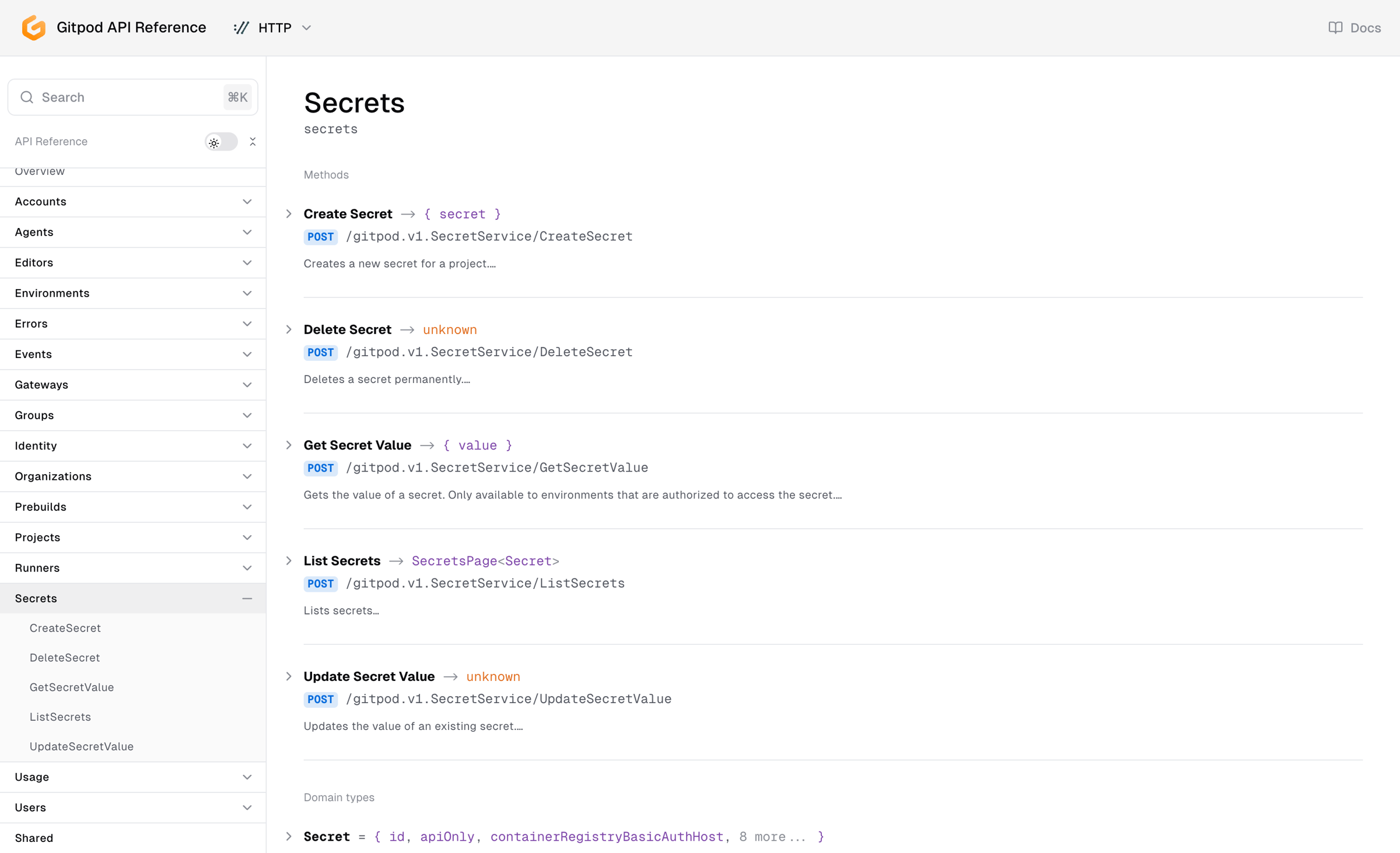 Ona - Gitpod API Reference Secrets screen