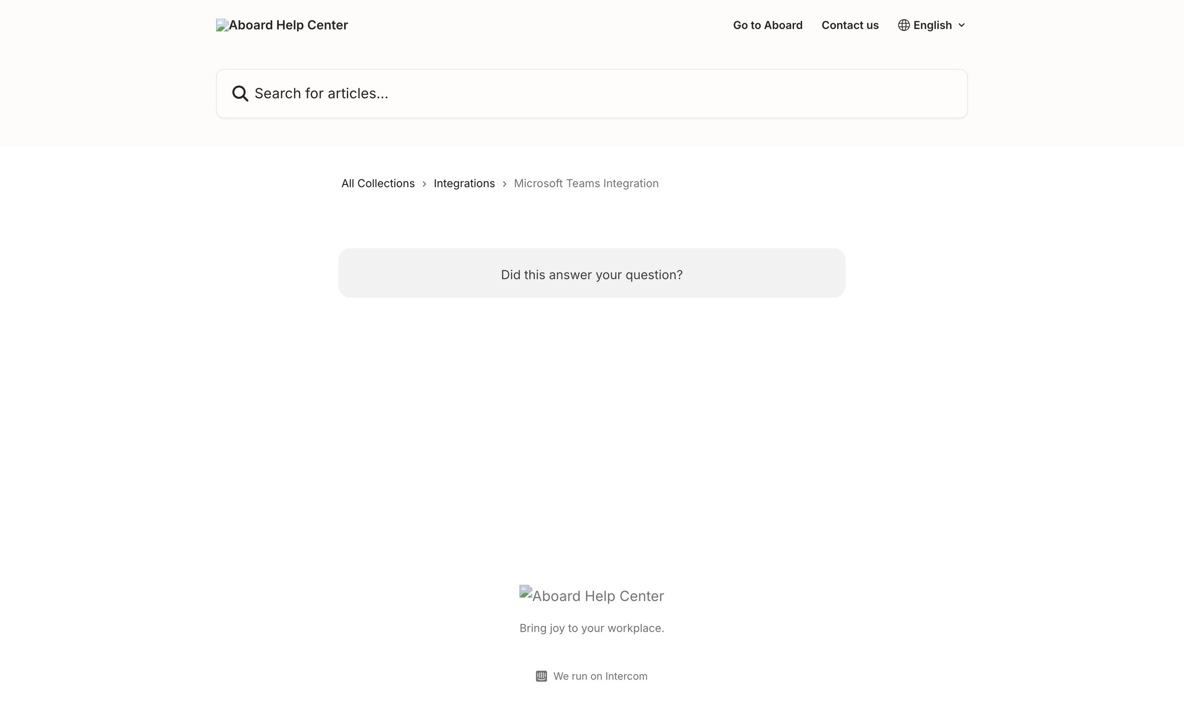 Aboard - Microsoft Teams Integration Aboard Help Center screen