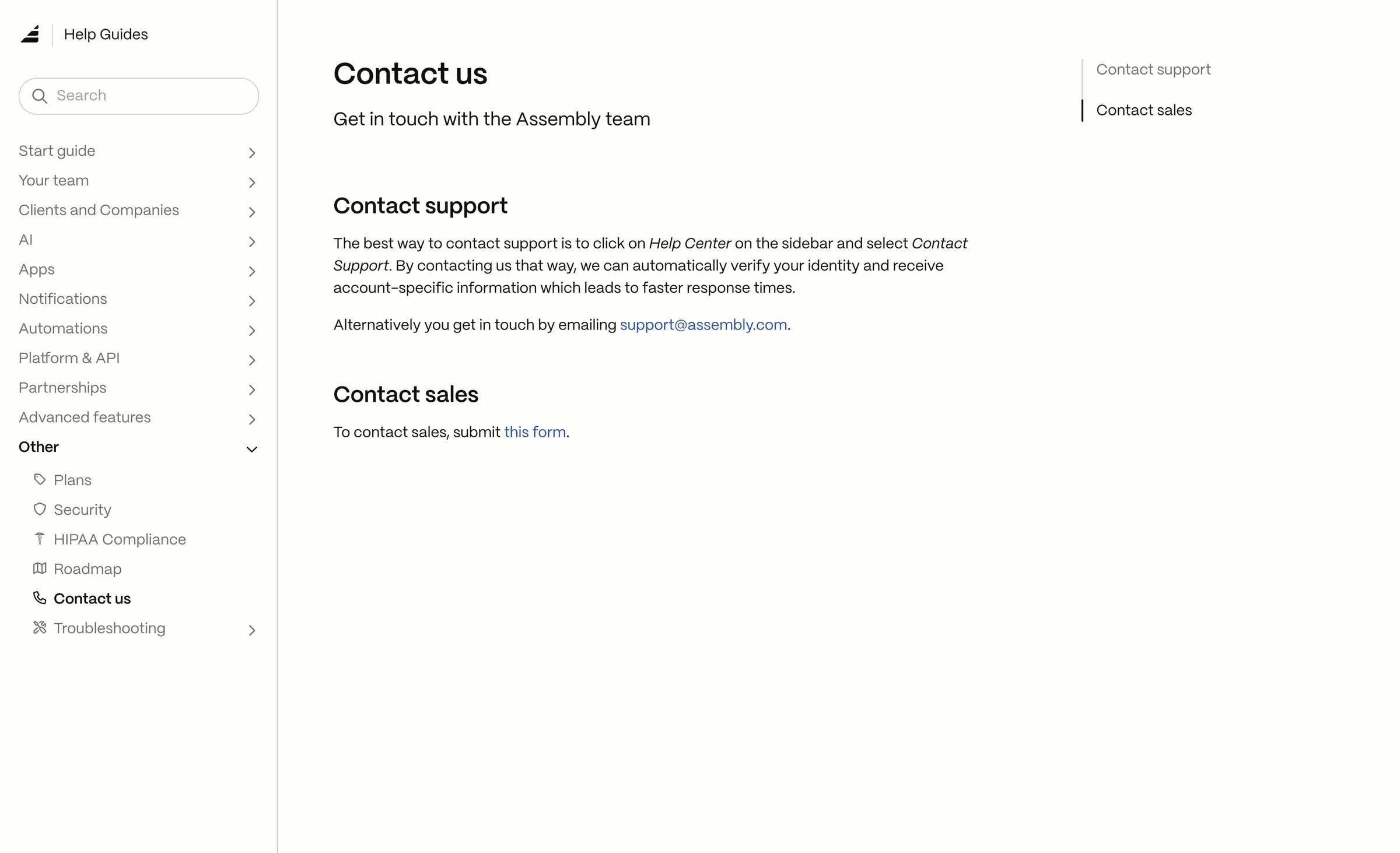 Assembly AI App Builder - Assembly Guide Contact us screen