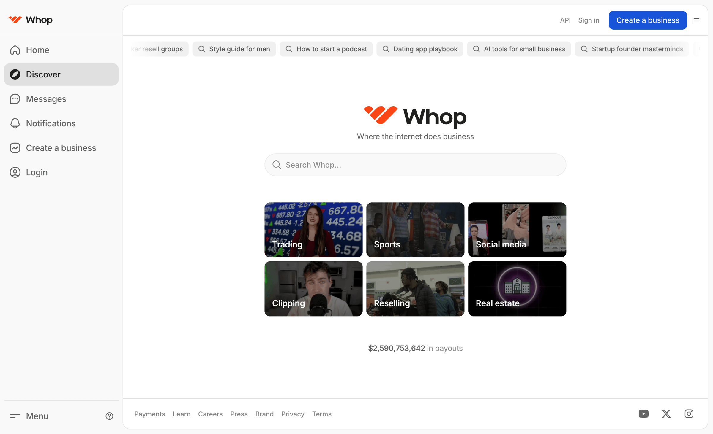 Whop - Discover Whop screen