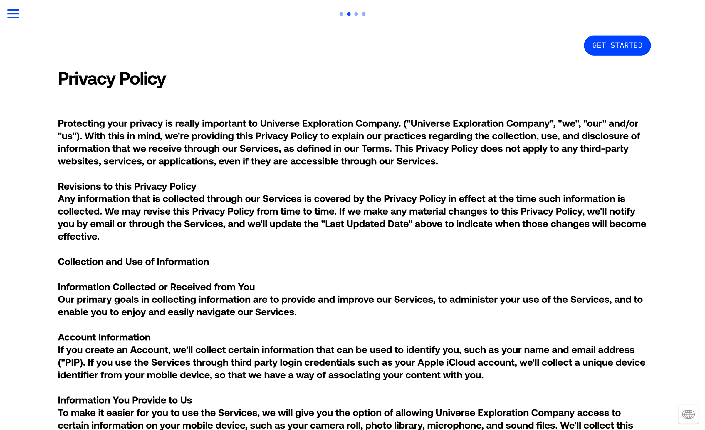 Universe - Privacy Policy - Universe Website Builder Design Custom Sites with No Code screen
