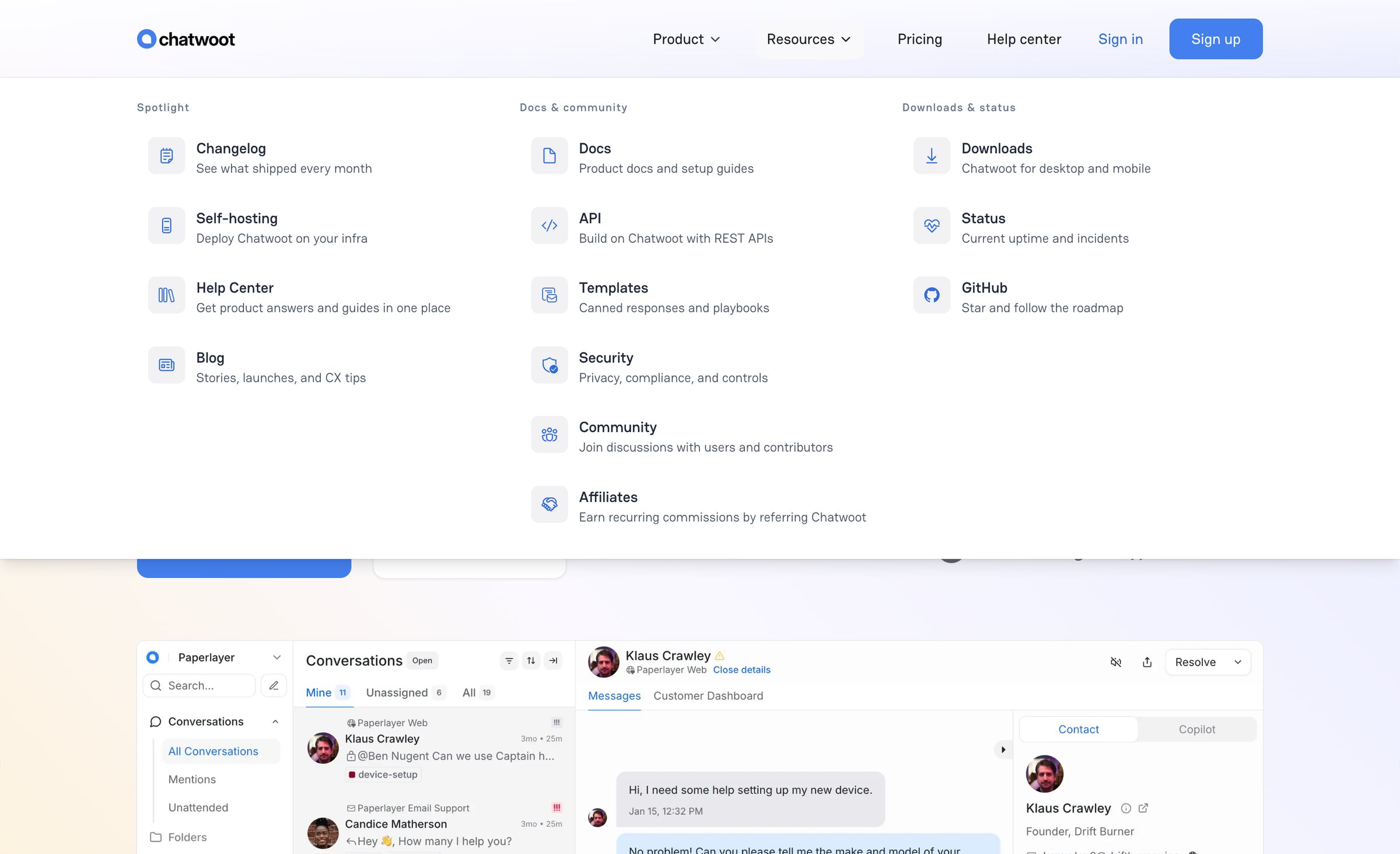 Chatwoot - Chatwoot AI-powered, open-source customer support platform. Self-host or cloud. Alternative to Intercom & Zendesk. screen