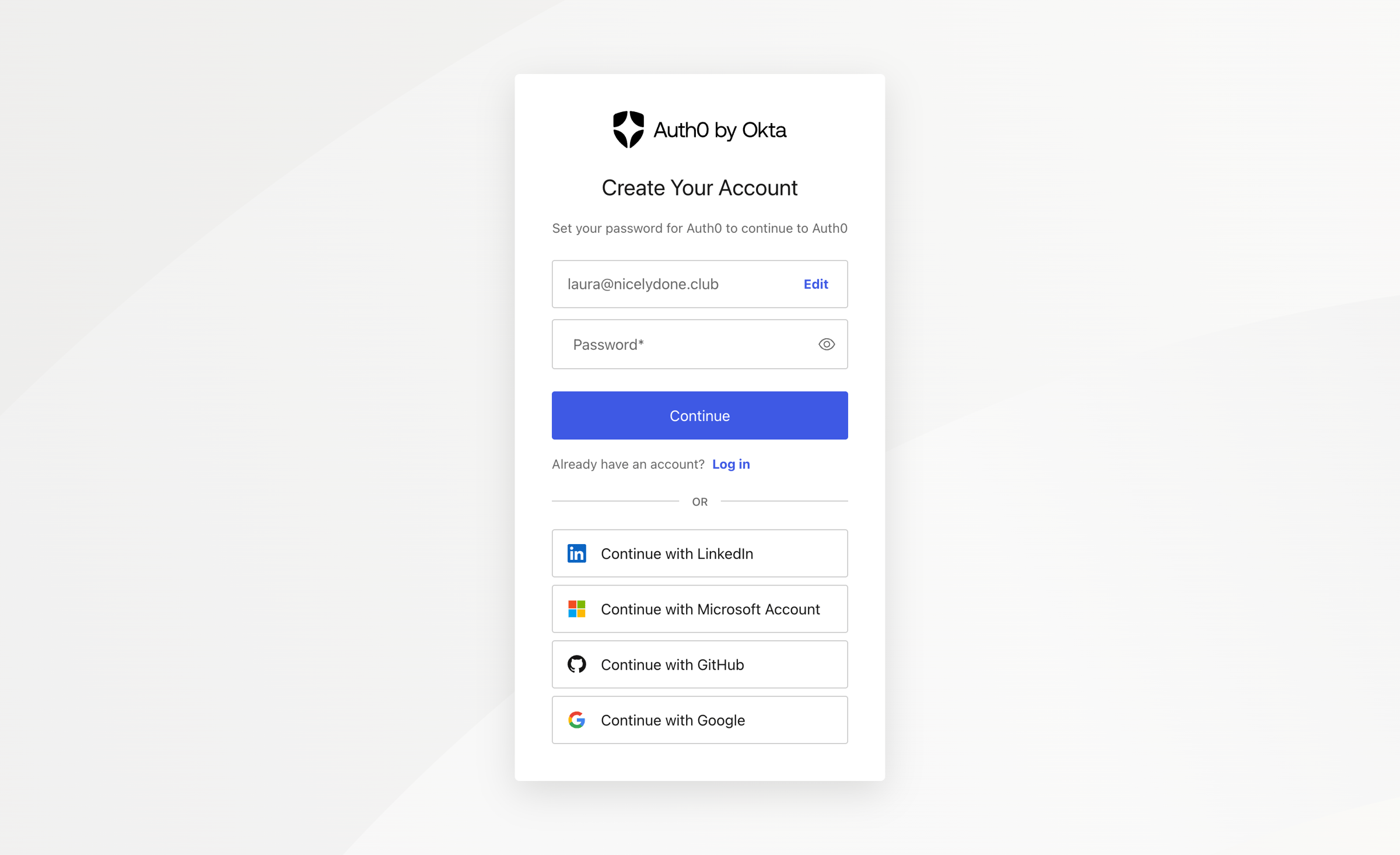 Auth0 - Create a password to sign up | Auth0 screen