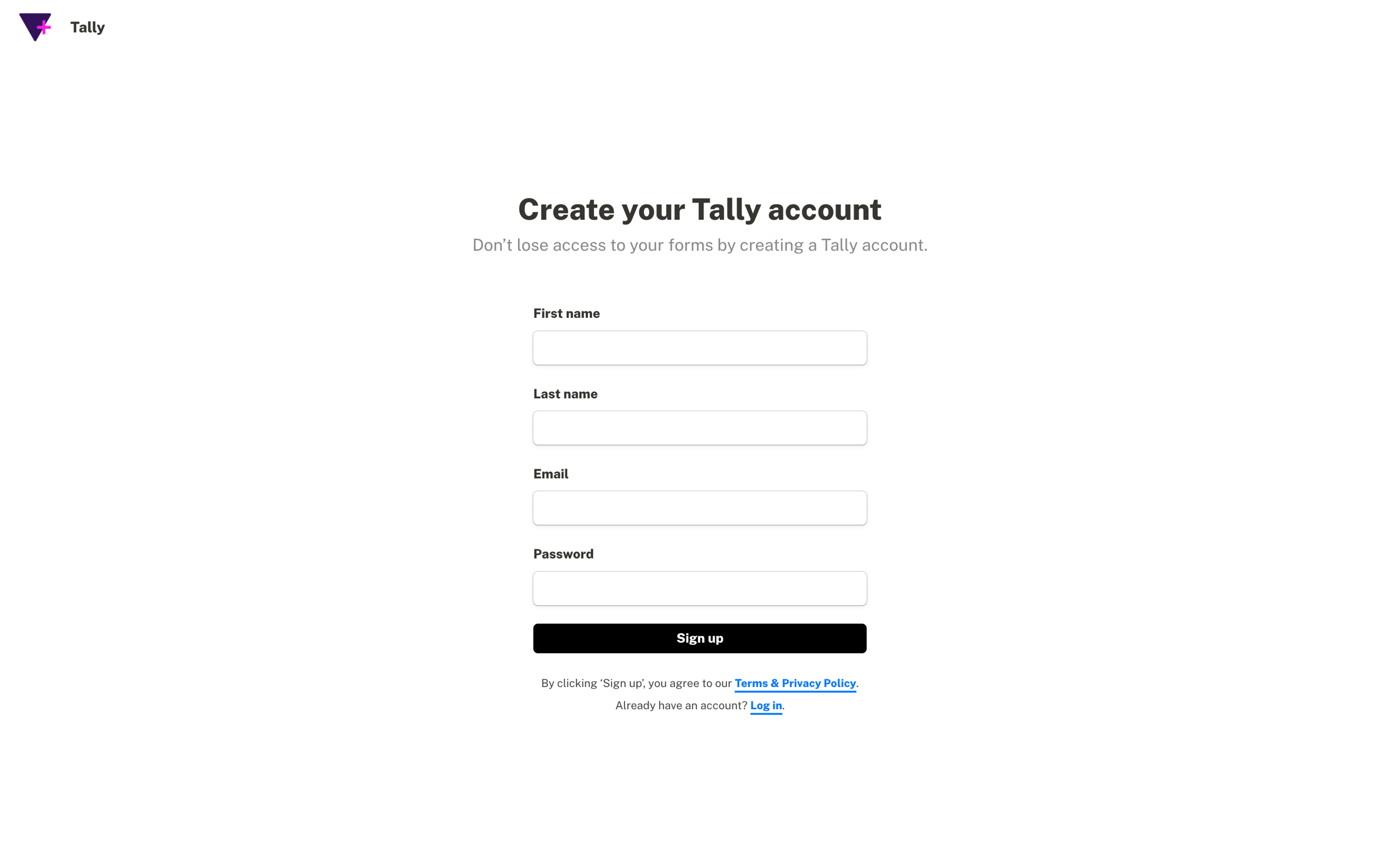 Tally - Sign up - Tally screen