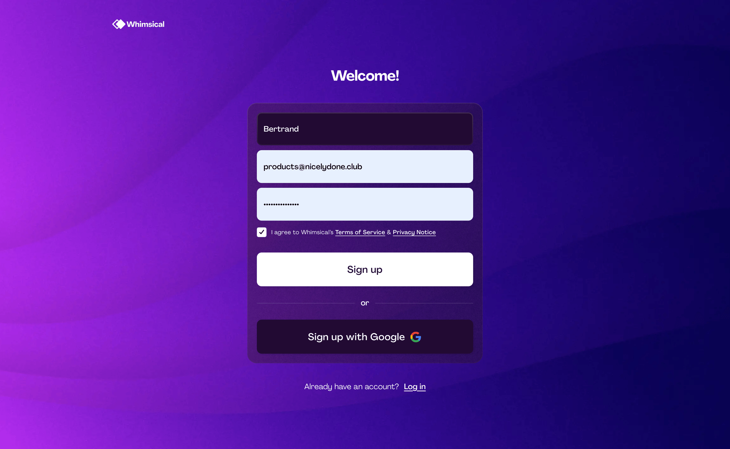 Whimsical - Sign up for free without a credit card screen