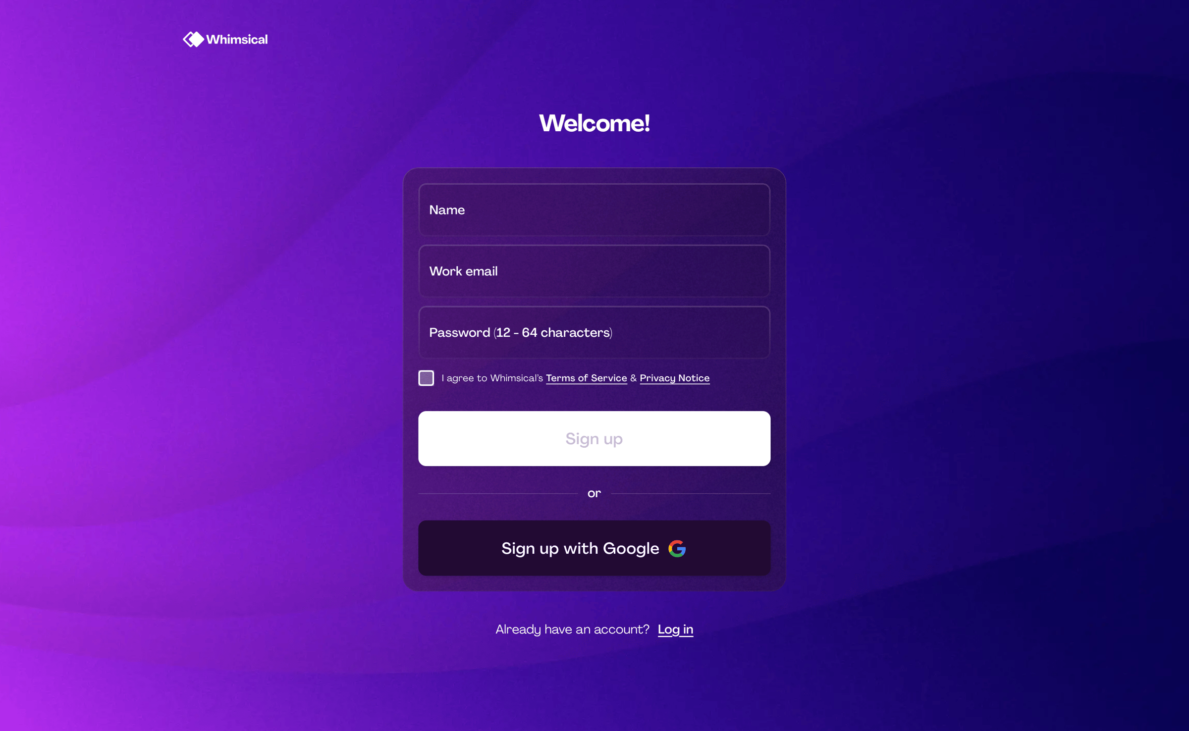 Whimsical - Sign up for free without a credit card screen