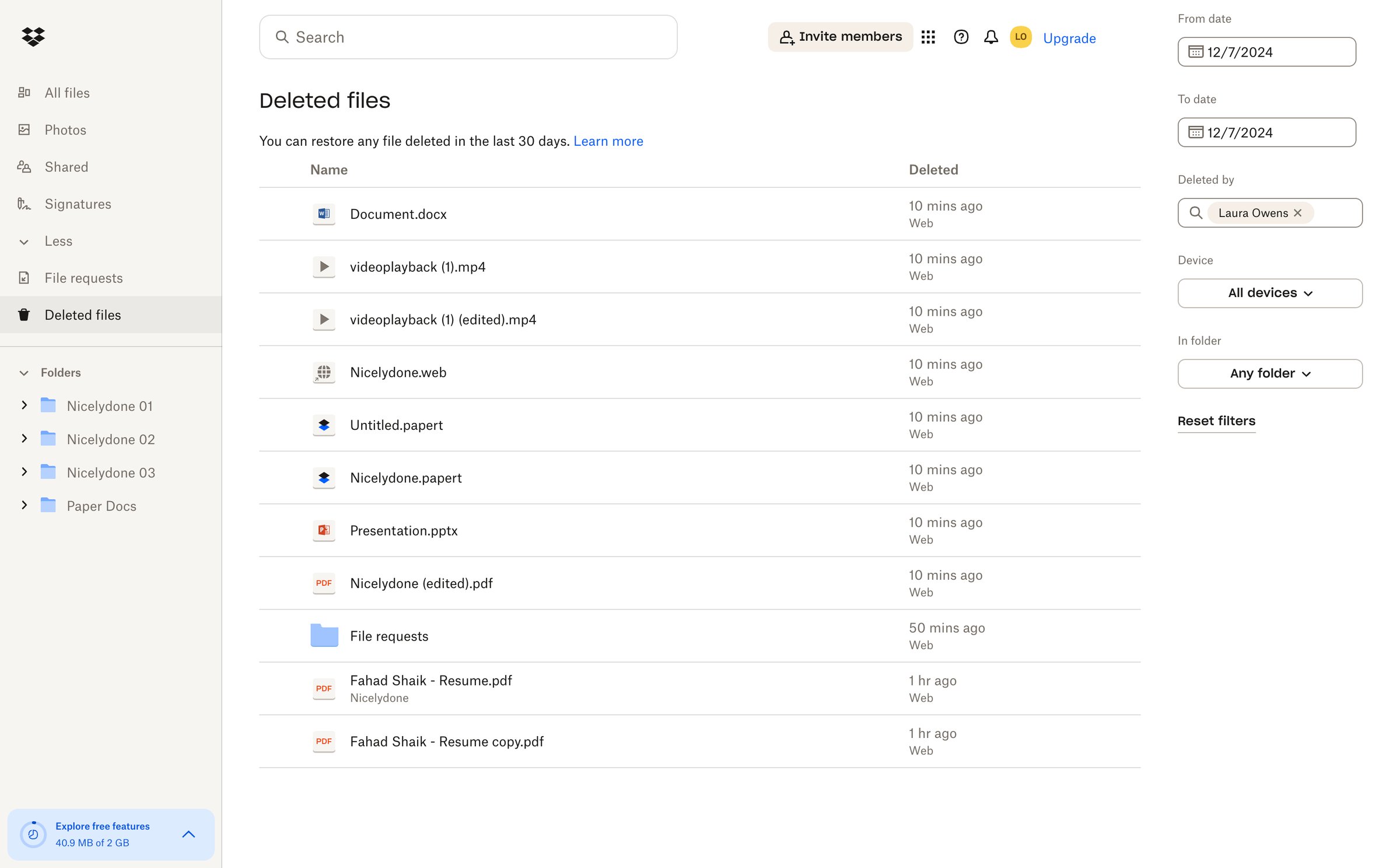 Dropbox - Deleted files - Dropbox screen