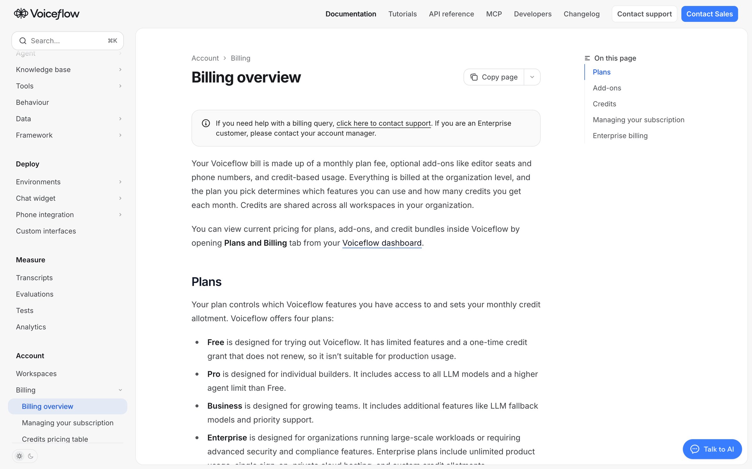 Voiceflow - Billing overview - Voiceflow Documentation screen