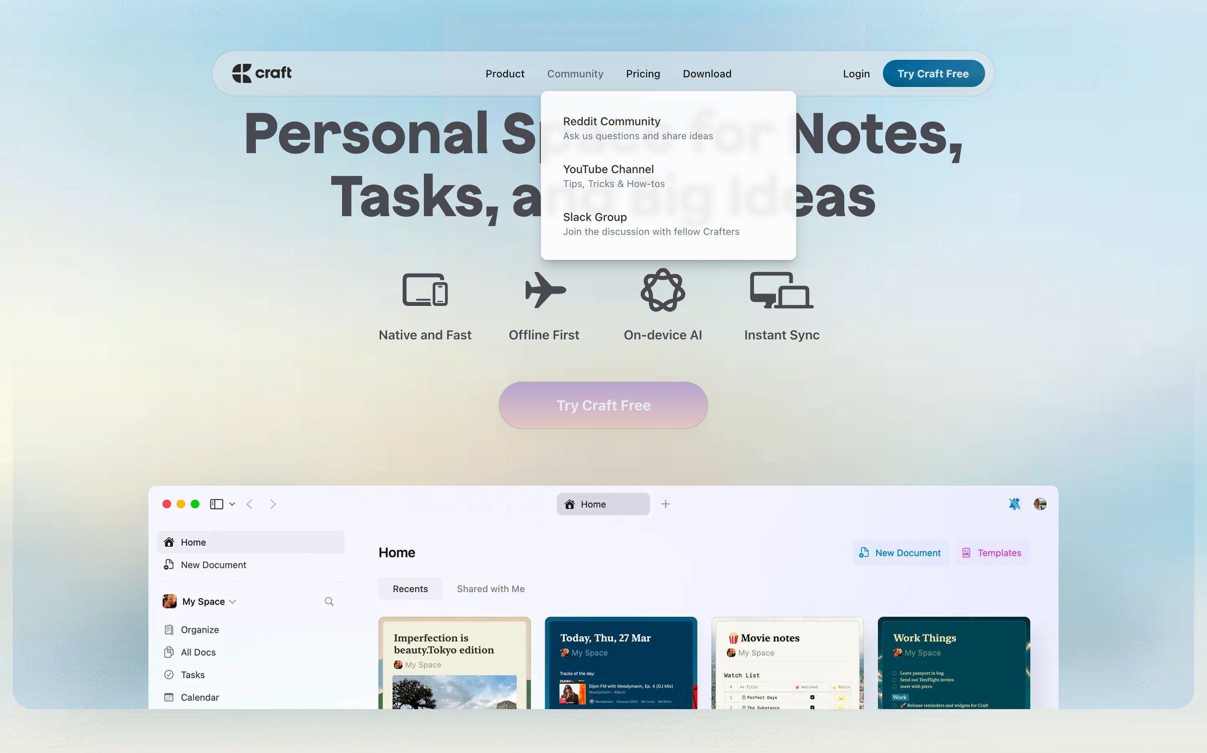 Craft - Personal Space for Notes, Tasks, and Big Ideas screen