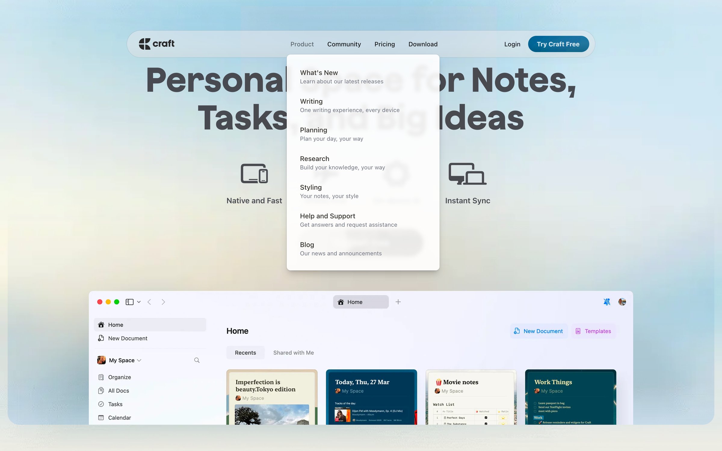 Craft - Personal Space for Notes, Tasks, and Big Ideas screen