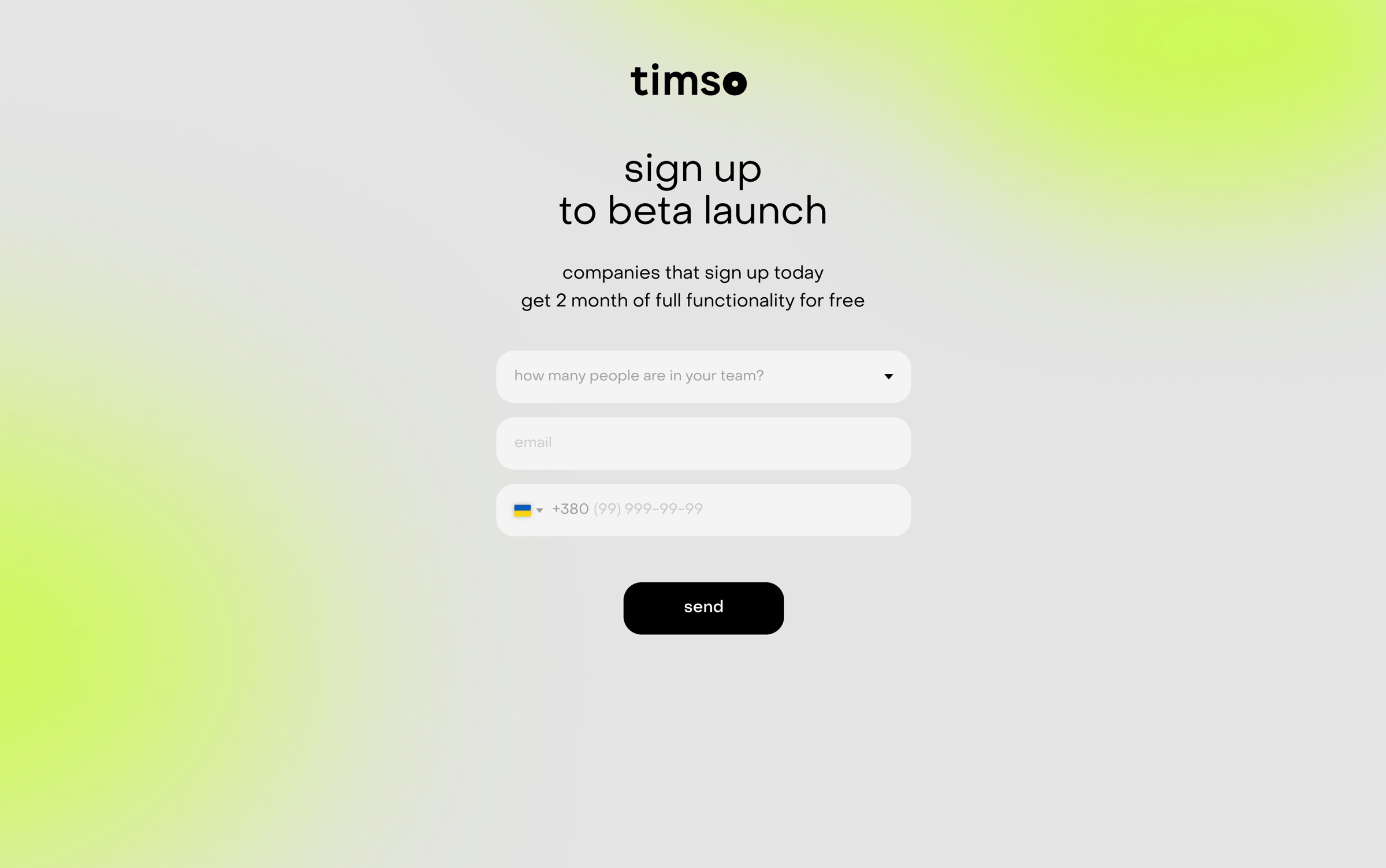Timso - sign up screen